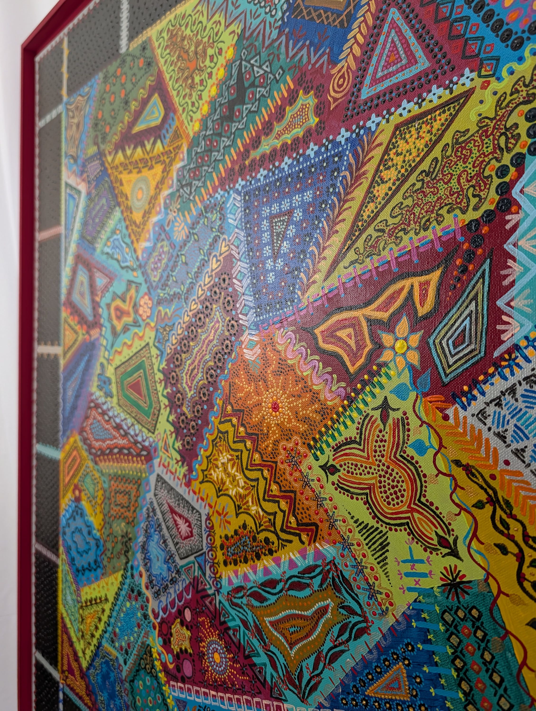 Detailed close-up of Caroline Pons' "Crazy", a vibrant contemporary fine art piece. Bright colors, geometric shapes, and dot art form an intricate abstract patchwork.