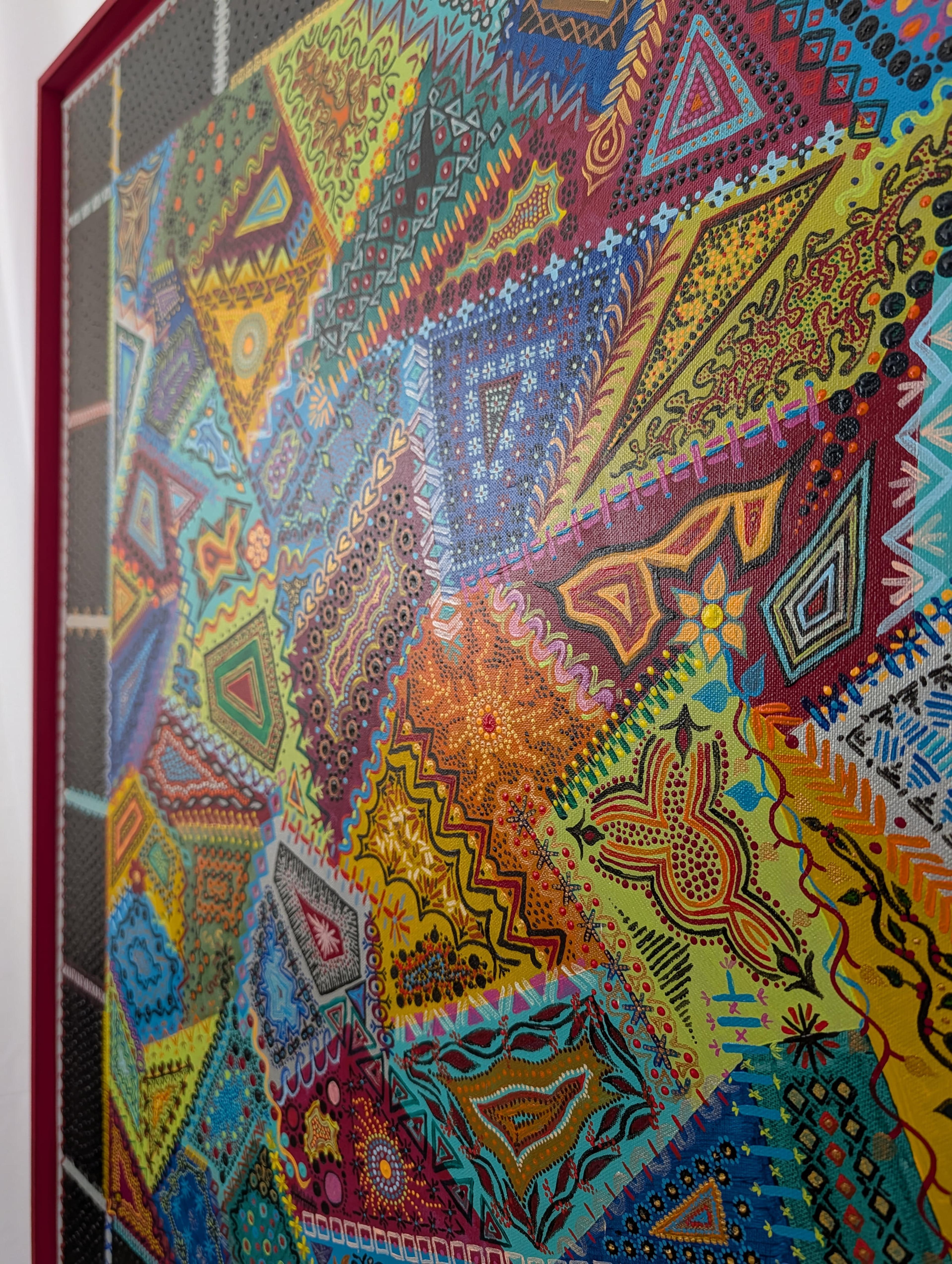 Detailed close-up of Caroline Pons' "Crazy", a vibrant contemporary fine art piece. Bright colors, geometric shapes, and dot art form an intricate abstract patchwork.