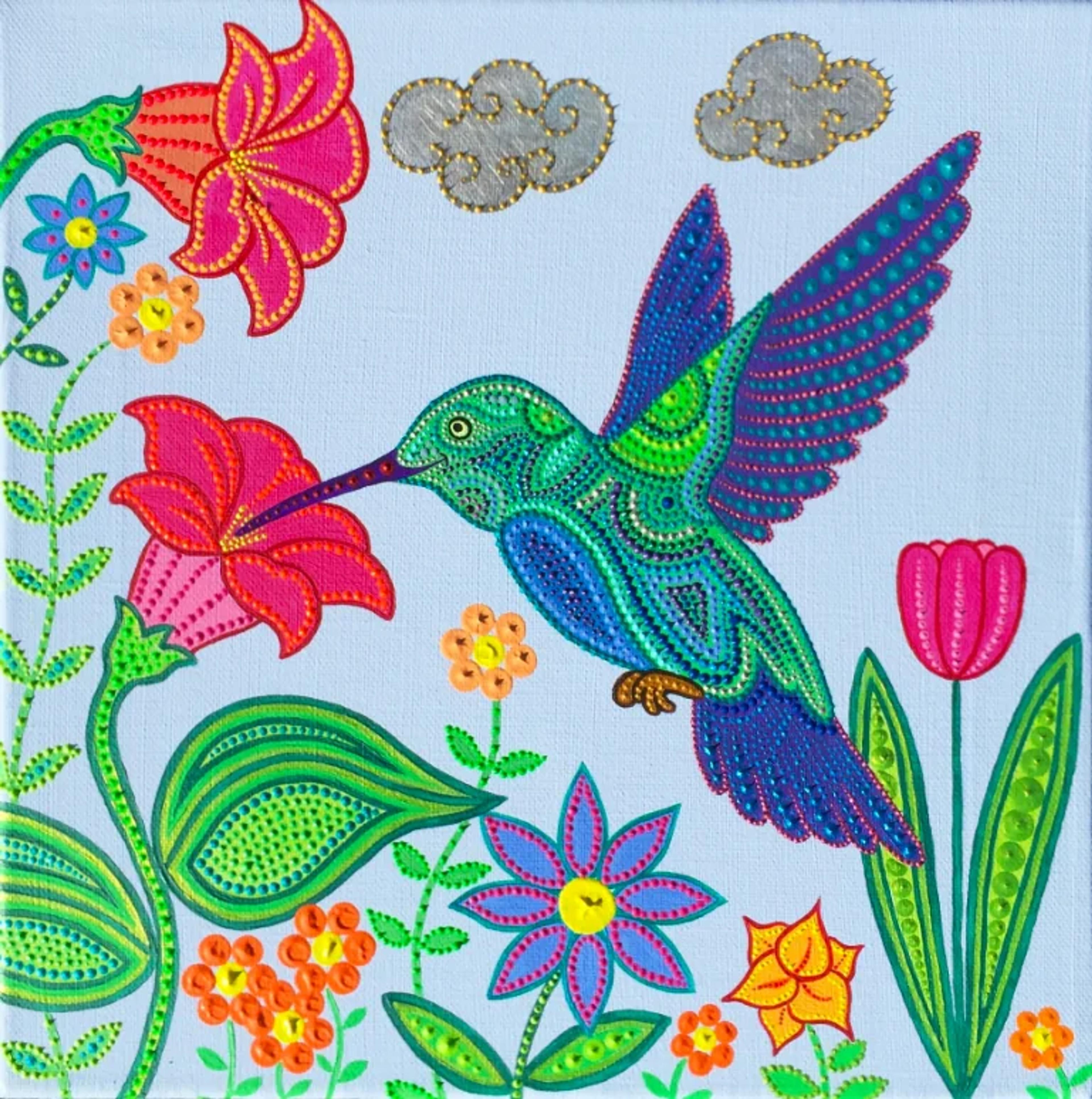 Toile acrylique Caroline Pons: Colibri vibrant en pointillisme butinant une fleur rose sur fond bleu ciel. Art mural unique, couleurs vives, détails complexes.