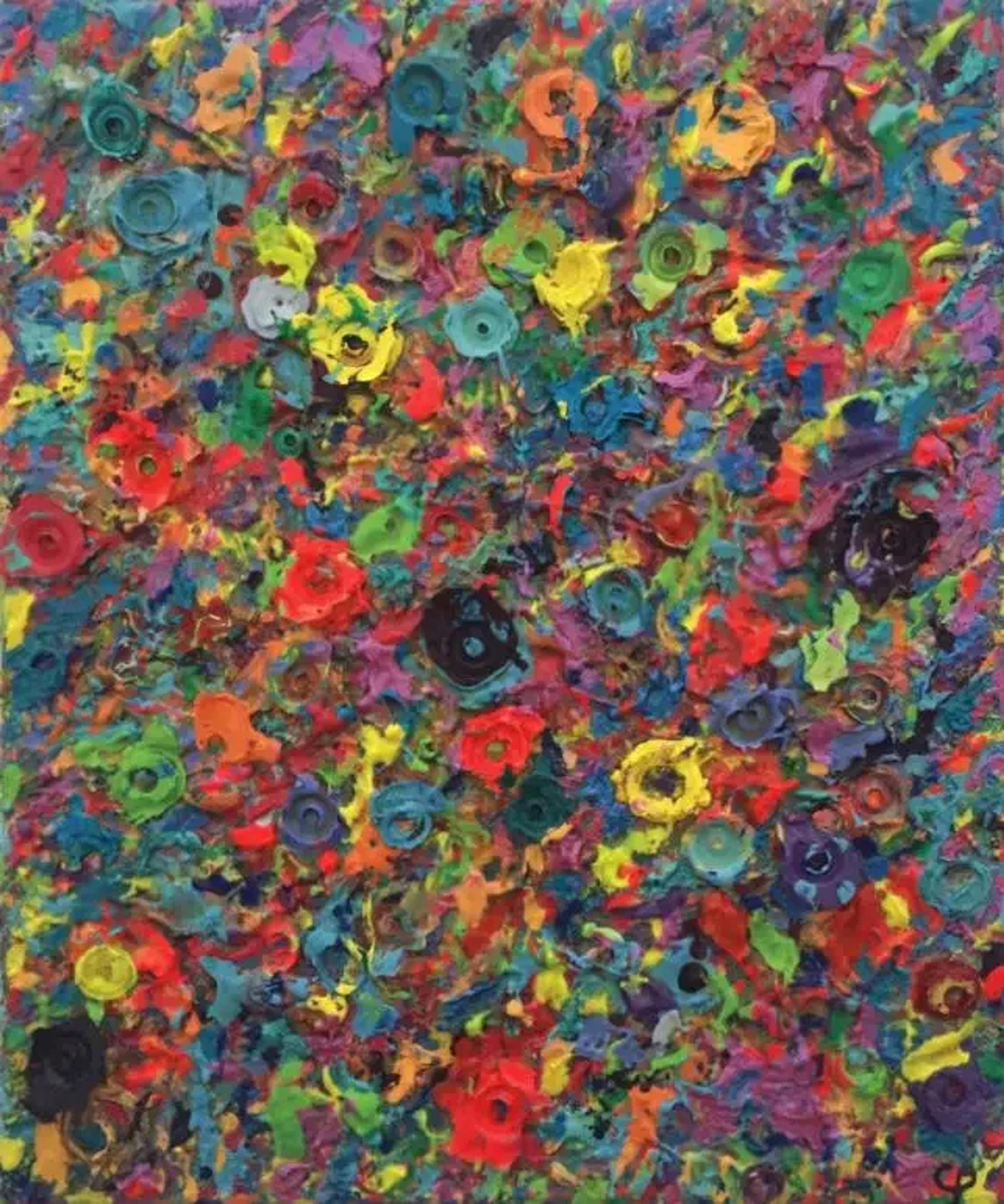 Caroline Pons' contemporary fine art, a vibrant abstract with textured dot art. Circular forms in bright hues create a lively, dynamic ambiance.