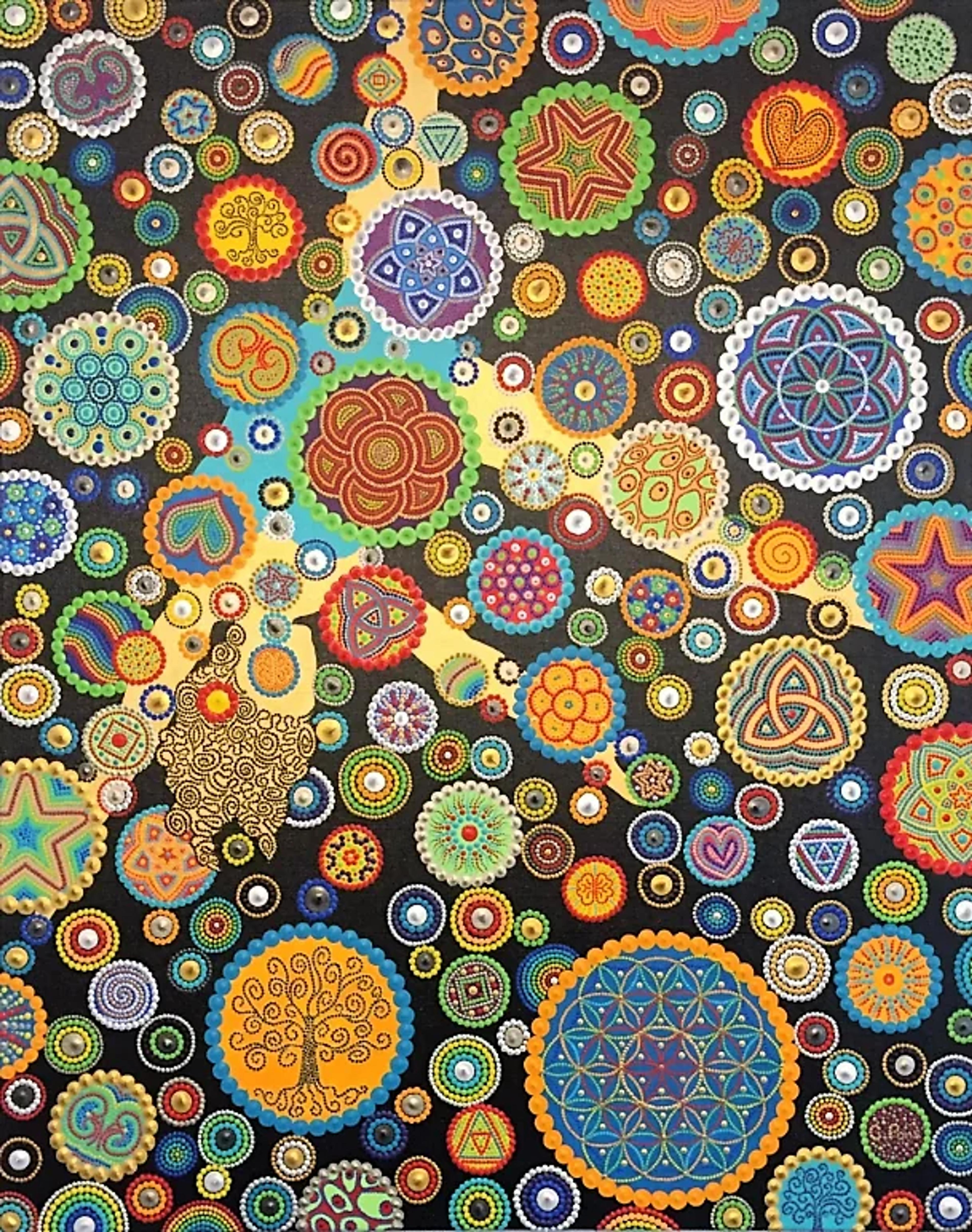 « En apesanteur », tableau abstrait contemporain de Caroline Pons. Dot art vibrant: des cercles multicolores, mandalas et formes complexes flottent sur un fond noir et jaune.