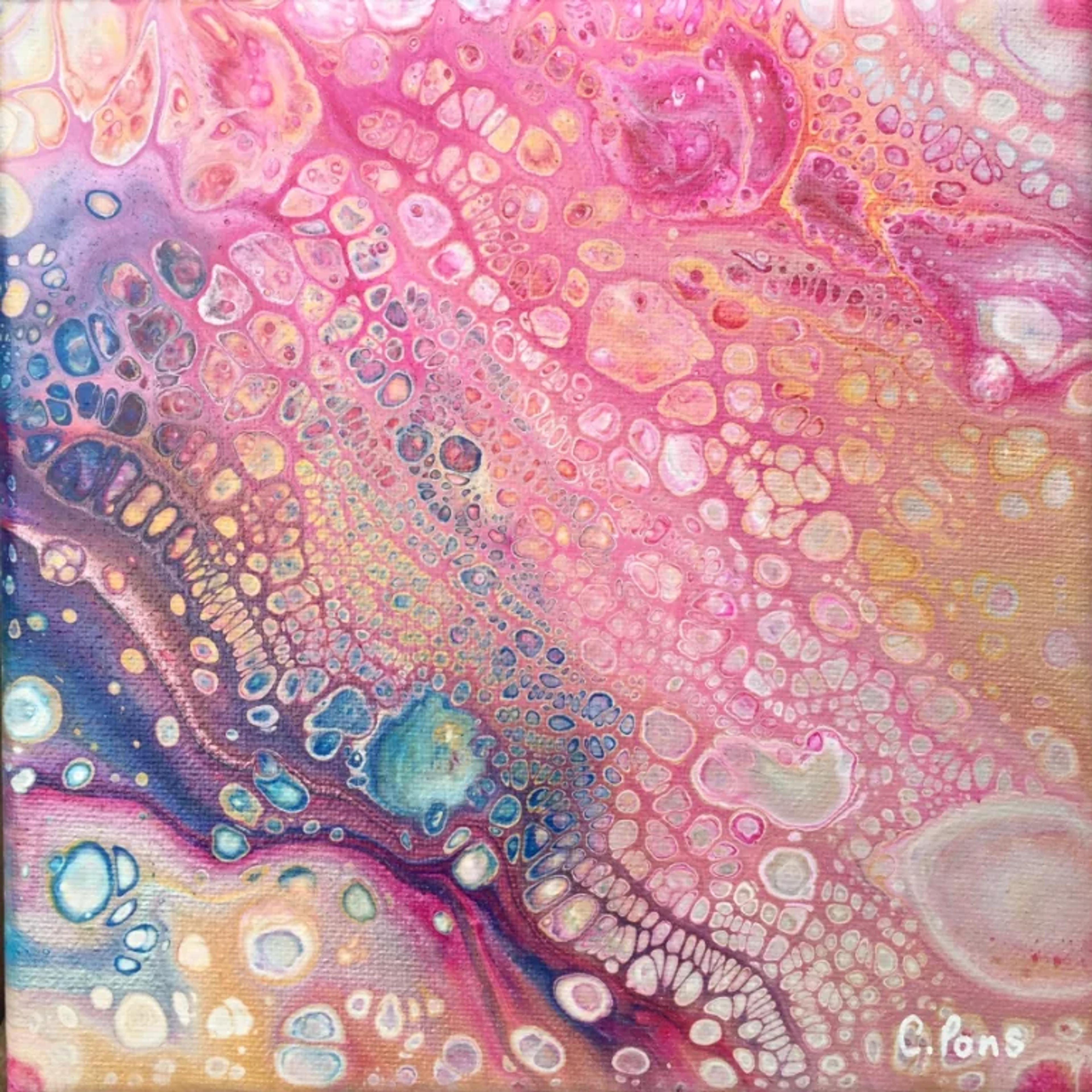 Caroline Pons: Tableau abstrait contemporain "Rose Bleu Doré". Toile acrylique fluide aux cellules vibrantes roses, bleues et dorées, effet organique.