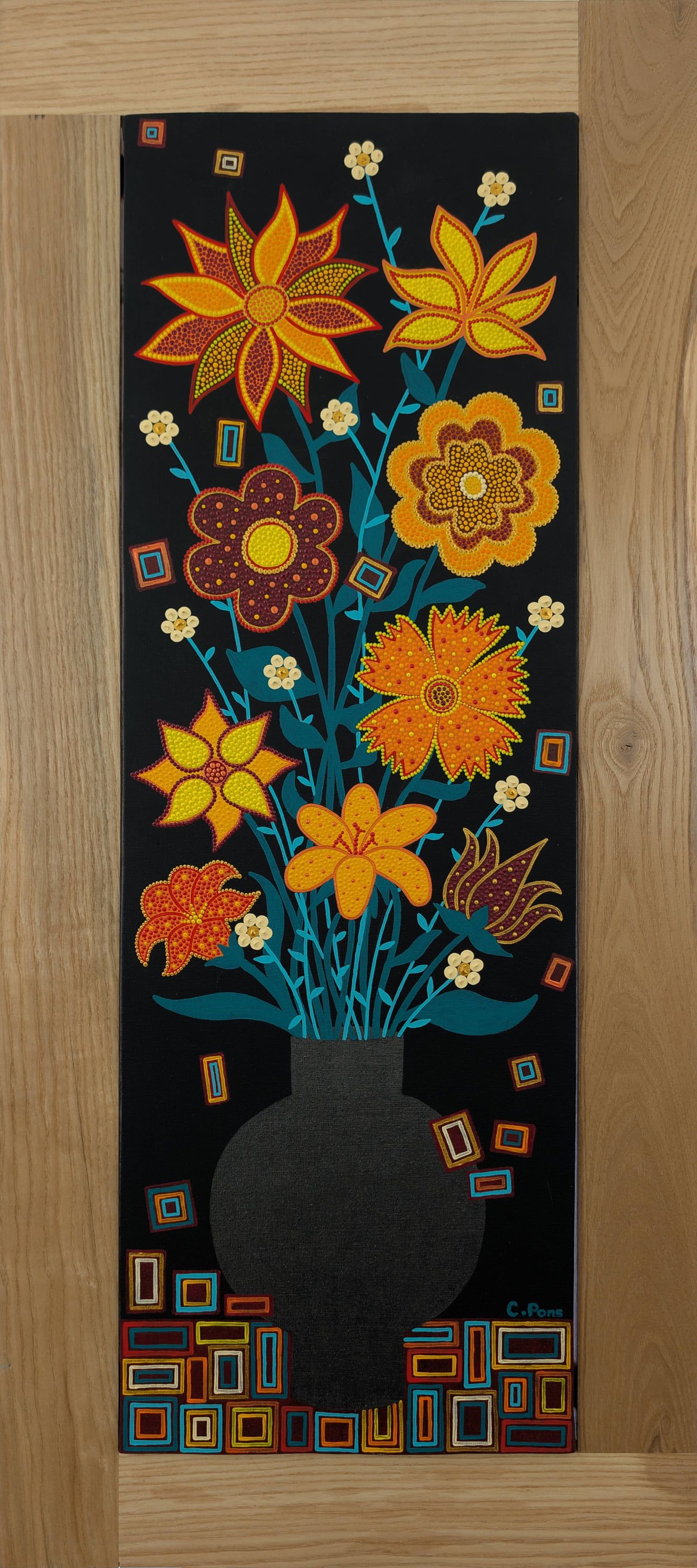 « Architecture florale », tableau abstrait contemporain de Caroline Pons. Fleurs vibrantes en pointillisme orange, jaune, rouge sur fond noir, vase et motifs géométriques colorés.