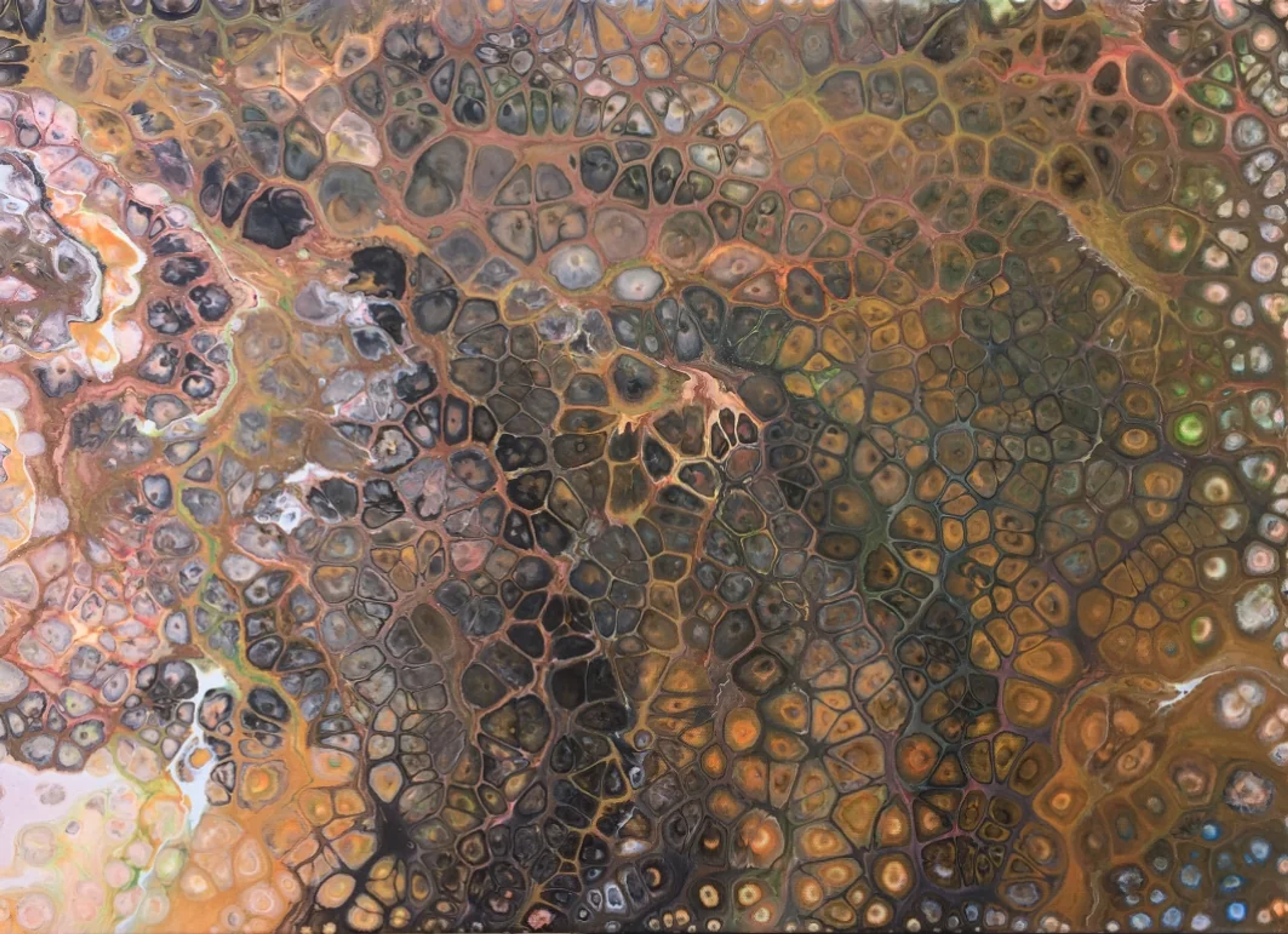 Tableau abstrait contemporain "Ecailles" par Caroline Pons. Motifs cellulaires organiques et points décoratifs marron, noir, orange fluo, verts, pour une texture de pouring acrylique unique.