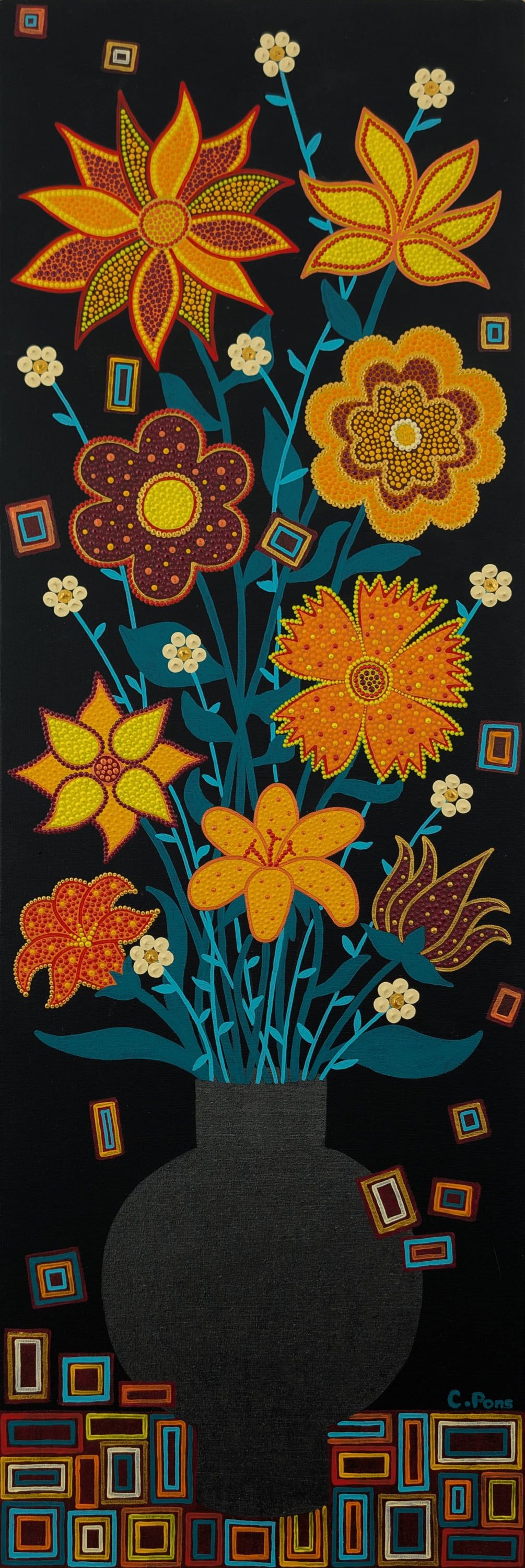 Tableau abstrait contemporain par Caroline Pons, un bouquet de fleurs éclatantes en pointillisme (orange, jaune, rouge) dans un vase sur fond noir avec des formes géométriques colorées.