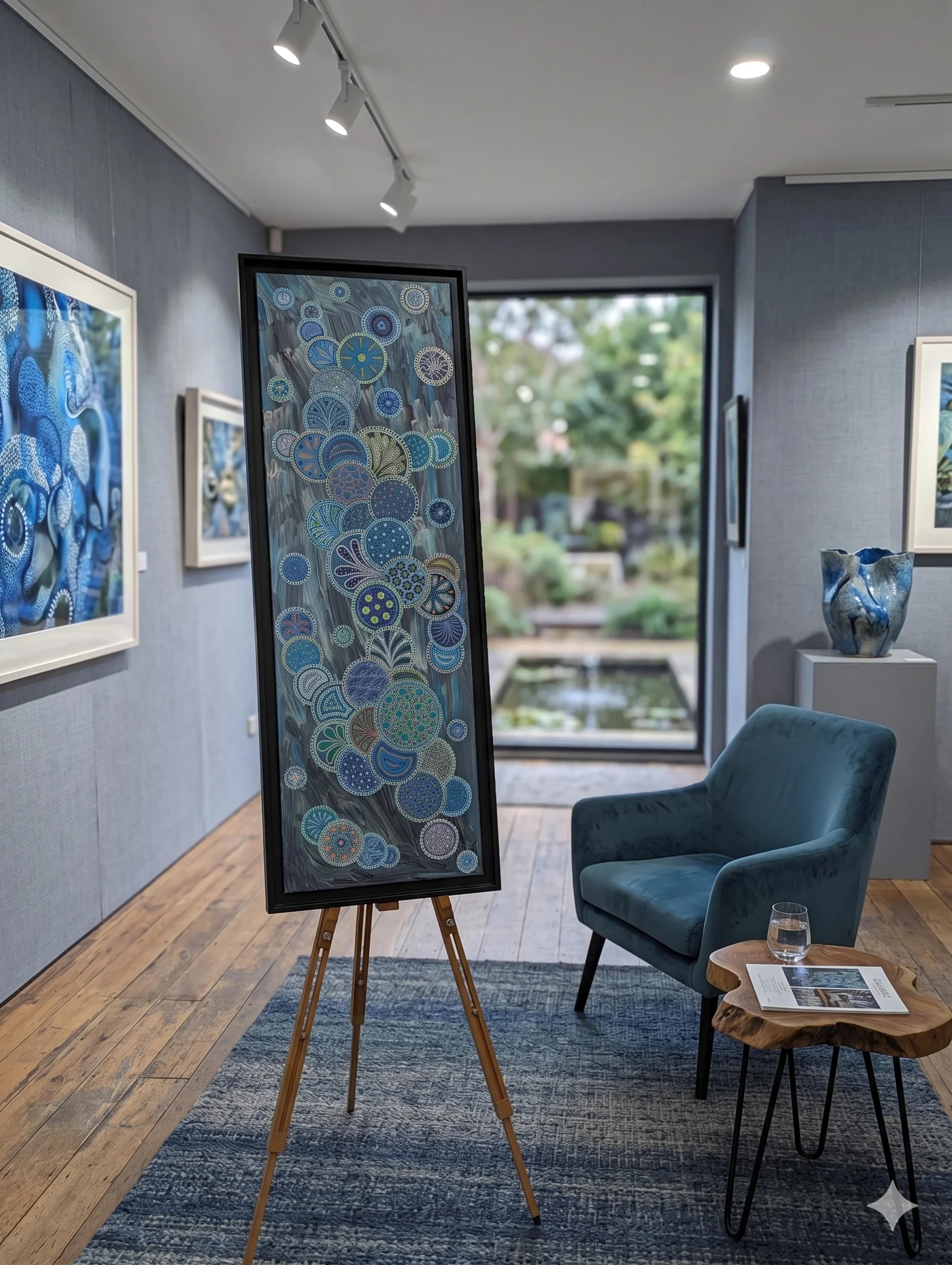 « Eclosion céleste » de Caroline Pons, tableau abstrait contemporain vertical en technique pointilliste (dot art) aux cercles bleus, verts, violets, exposé en galerie lumineuse avec fauteuil et vue jardin.