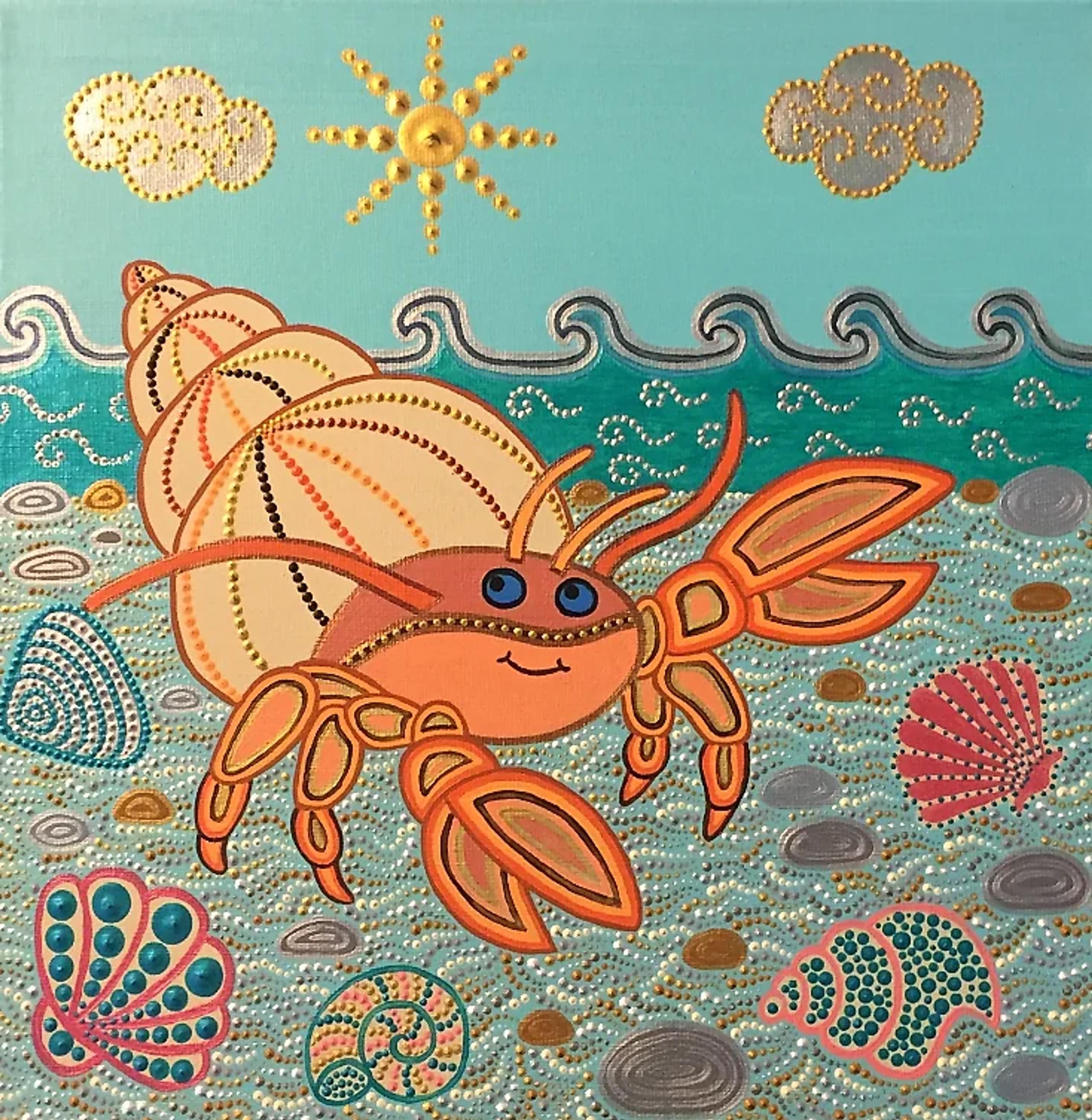 Peinture de Caroline Pons, Art aborigène contemporain "Bernard l'Hermite" avec un crabe souriant orange, coquillages et vagues bleues en dot art éclatant.