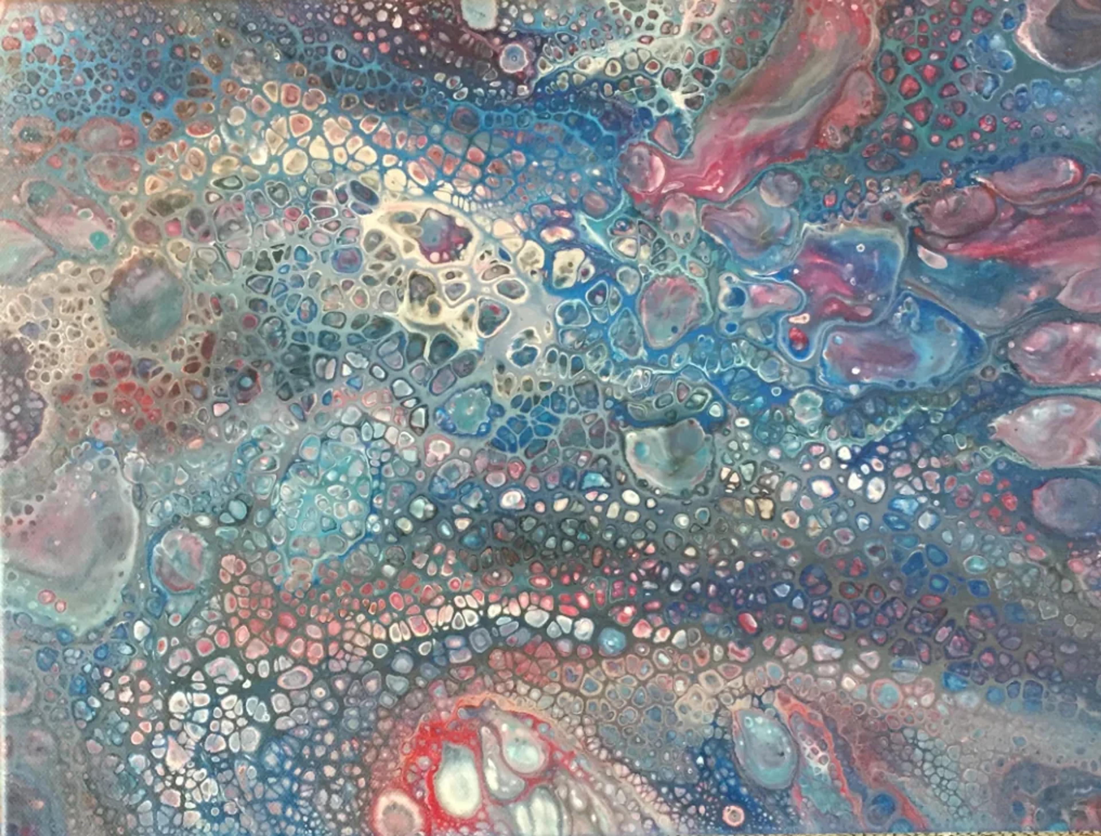 Tableau abstrait contemporain de Caroline Pons, couleurs vives bleu, vert, rouge, rose. Formes organiques cellulaires fluides, technique d'acrylic pouring.