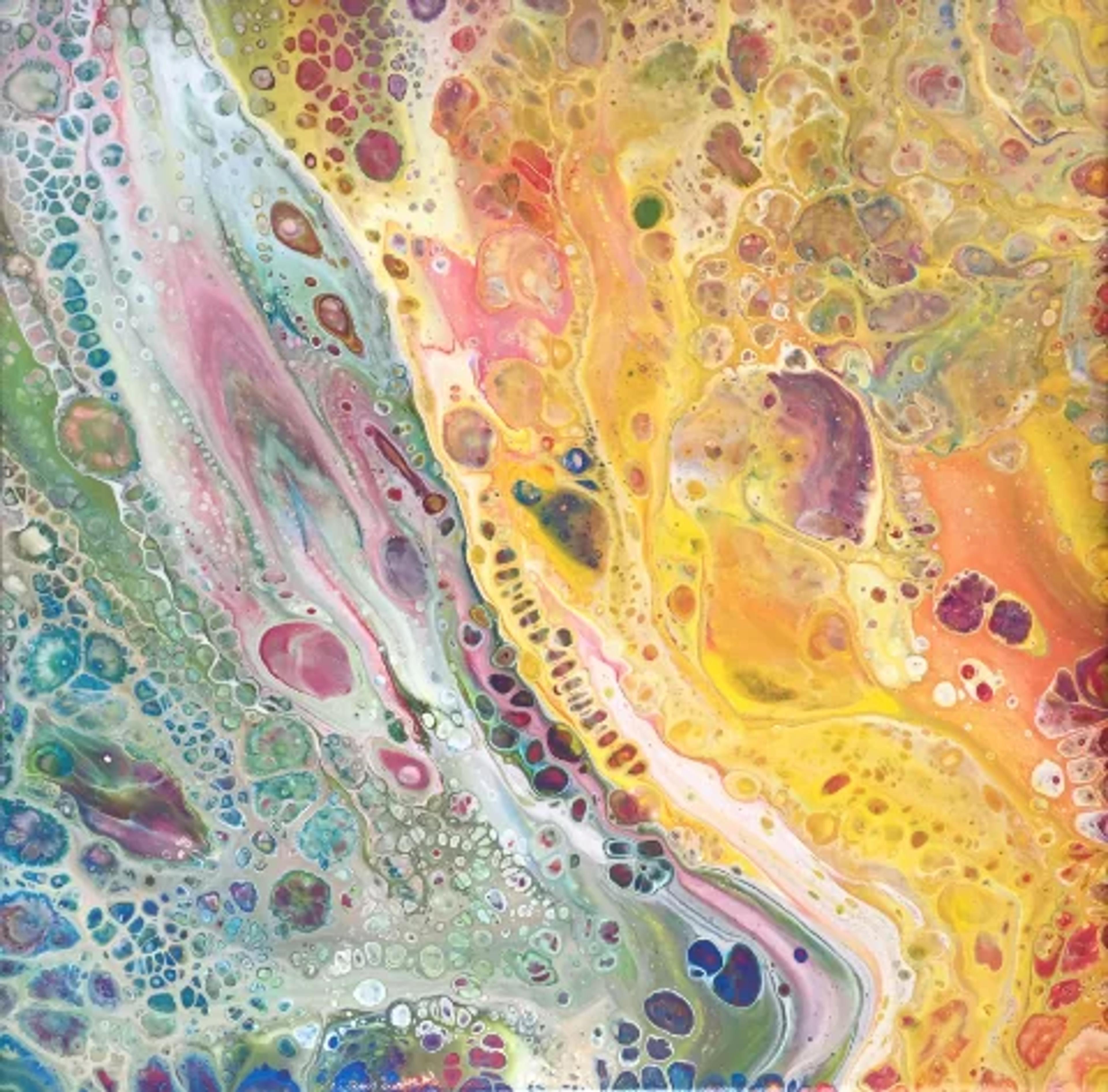 Tableau abstrait contemporain de Caroline Pons. Peinture fluide aux couleurs vives et formes organiques, avec des cellules et des coulées de bleu, vert, jaune et rose.