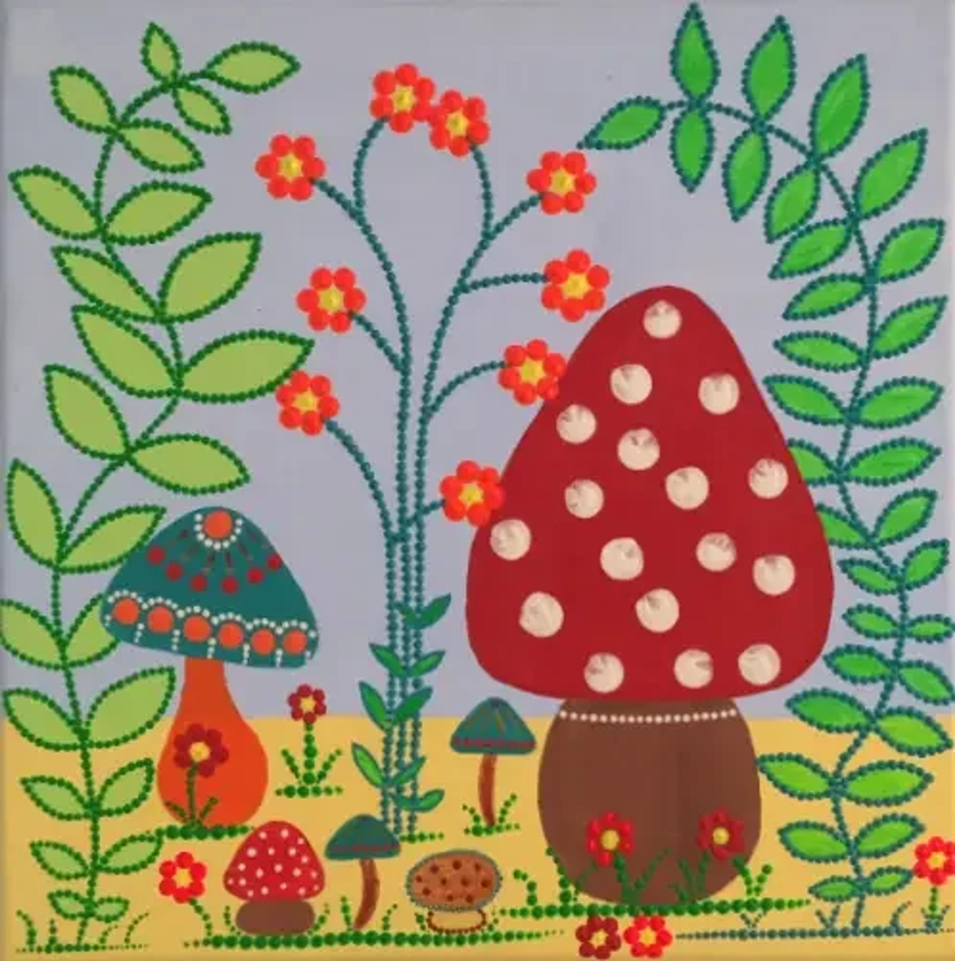 Peinture vibrante "Champignons" de Caroline Pons, Art aborigène contemporain. Toile pointilliste avec champignons rouges, turquoise et feuilles vertes sur fond jaune et lavande.