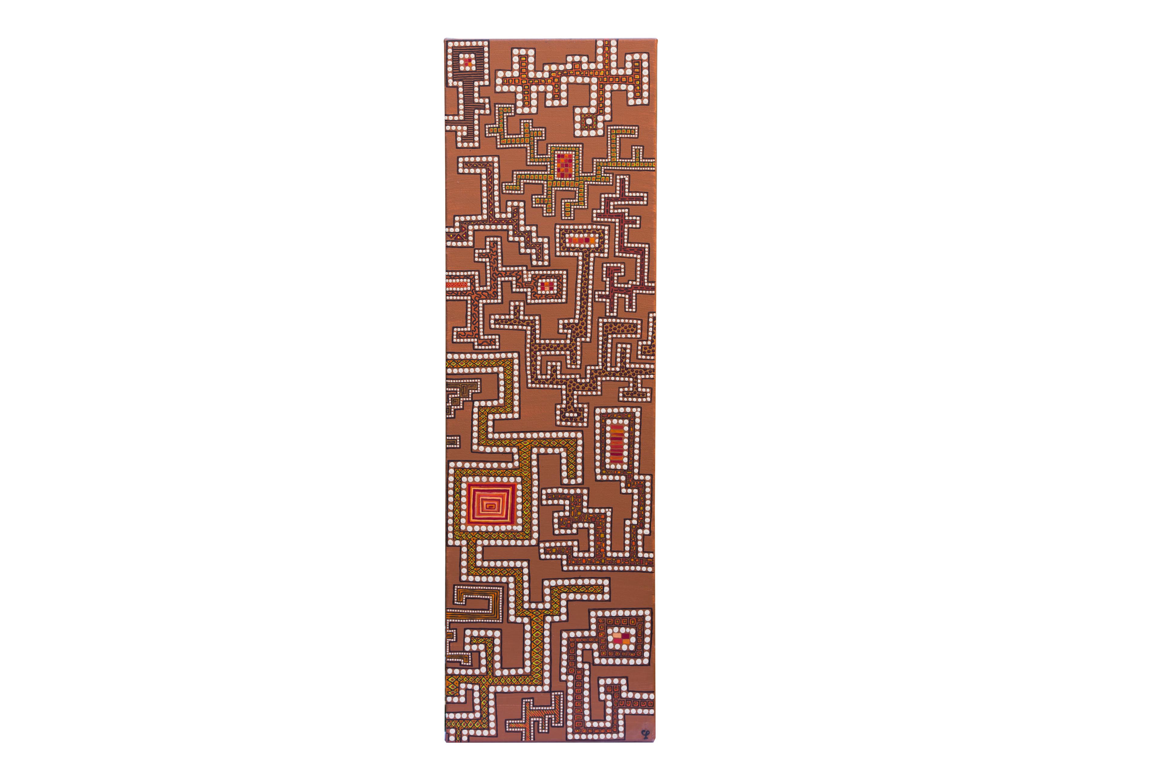 Tableau abstrait contemporain en pointillisme de Caroline Pons. Œuvre 'Maze' aux motifs géométriques complexes, tons terreux, points blancs, oranges et rouges.