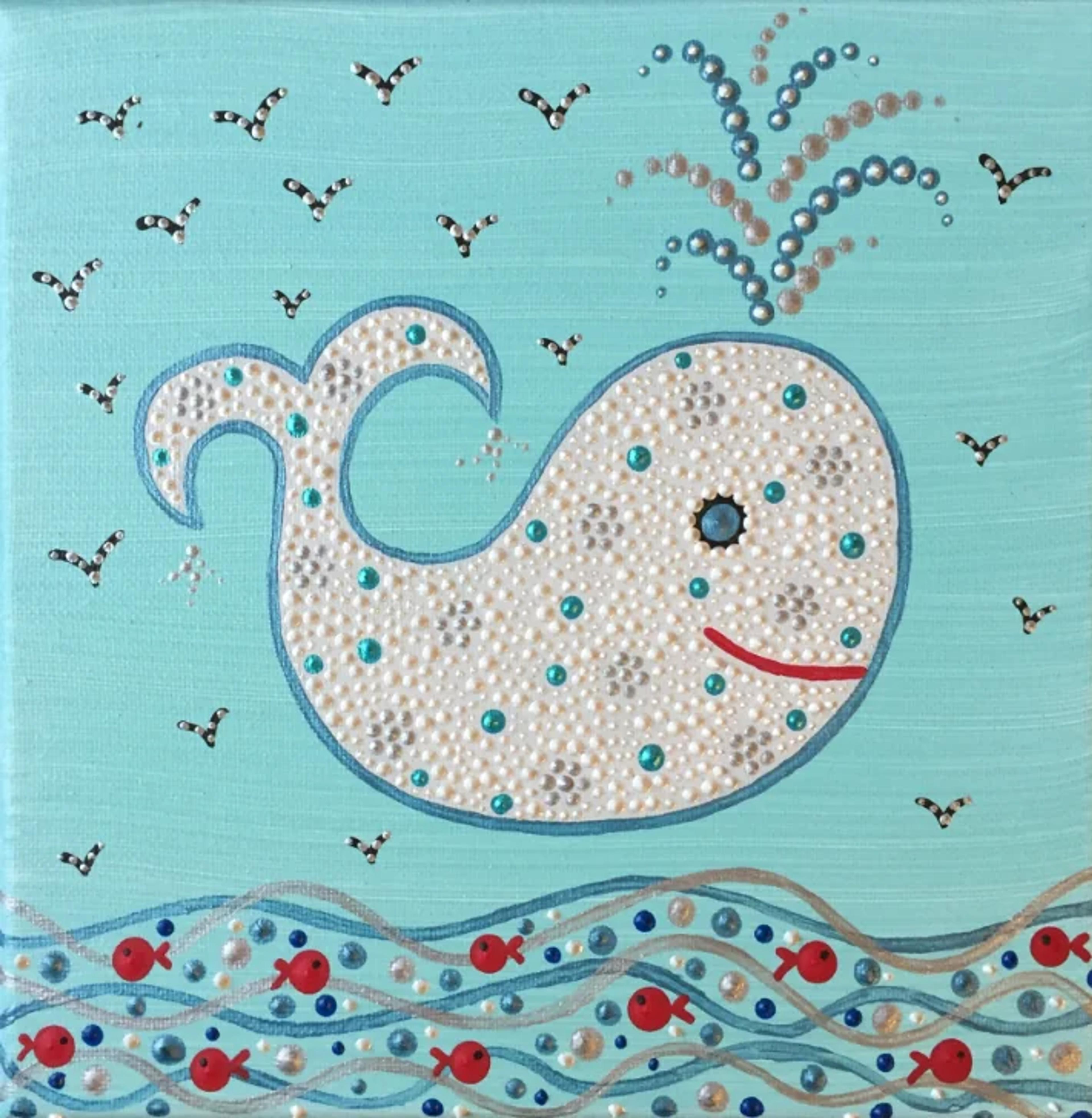 « Baleine » de Caroline Pons, peinture moderne en dot art. Baleine blanche texturée, vagues turquoises, poissons rouges et mouettes, ambiance marine joyeuse.