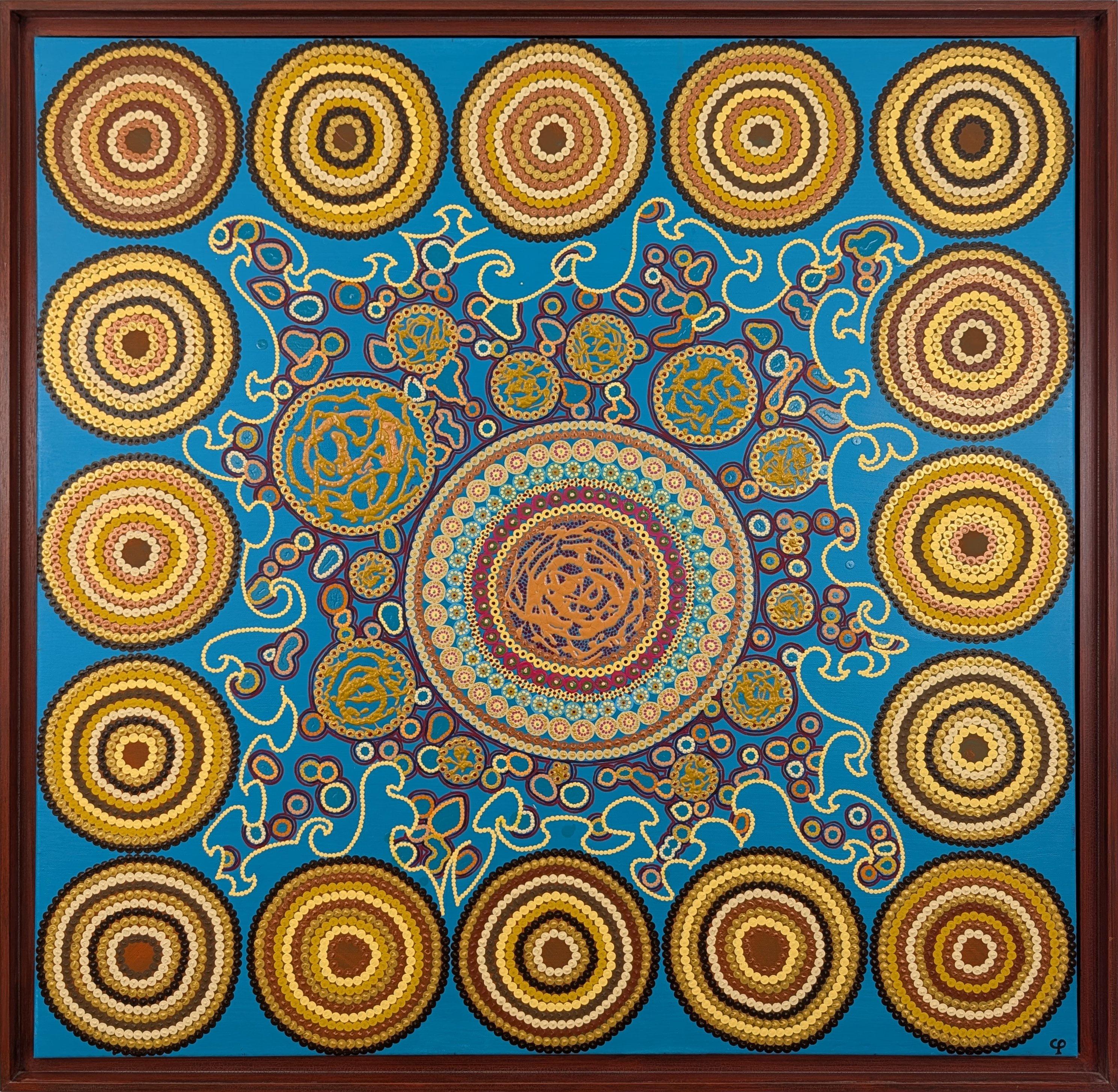 La danse des Mondes, toile acrylique de Caroline Pons. Œuvre aborigène contemporaine aux motifs circulaires et points en tons terreux sur fond turquoise vibrant, encadrée.