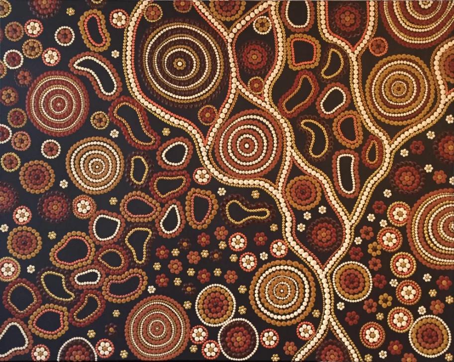Racines ancestrales, un art aborigène contemporain de Caroline Pons. Peinture dot art riche aux cercles et motifs organiques terreux sur fond noir.