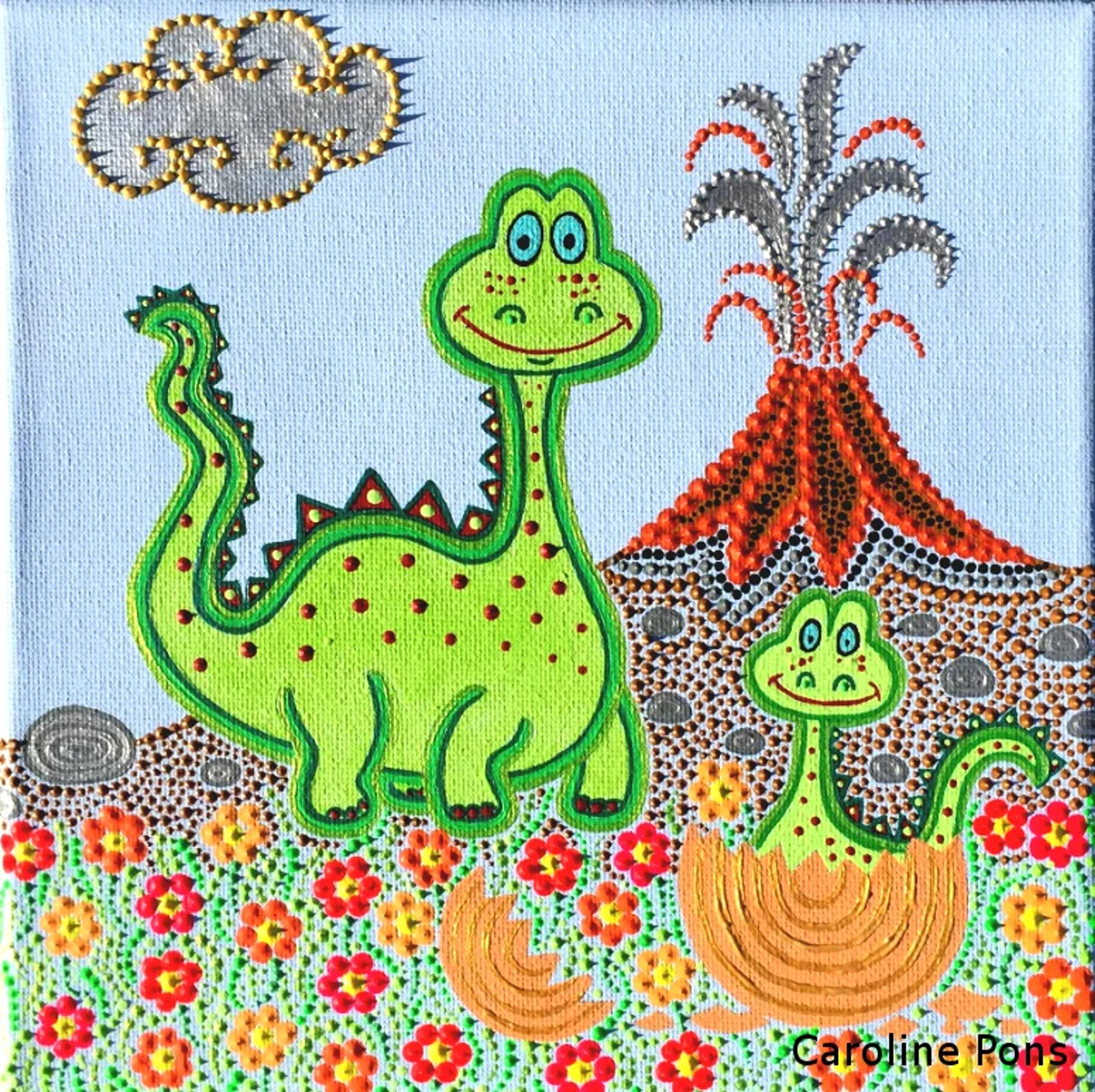Toile acrylique "Dino" de Caroline Pons: deux dinosaures verts ludiques, un volcan en éruption et des fleurs colorées, réalisés en technique de dot art, sous un ciel bleu clair.