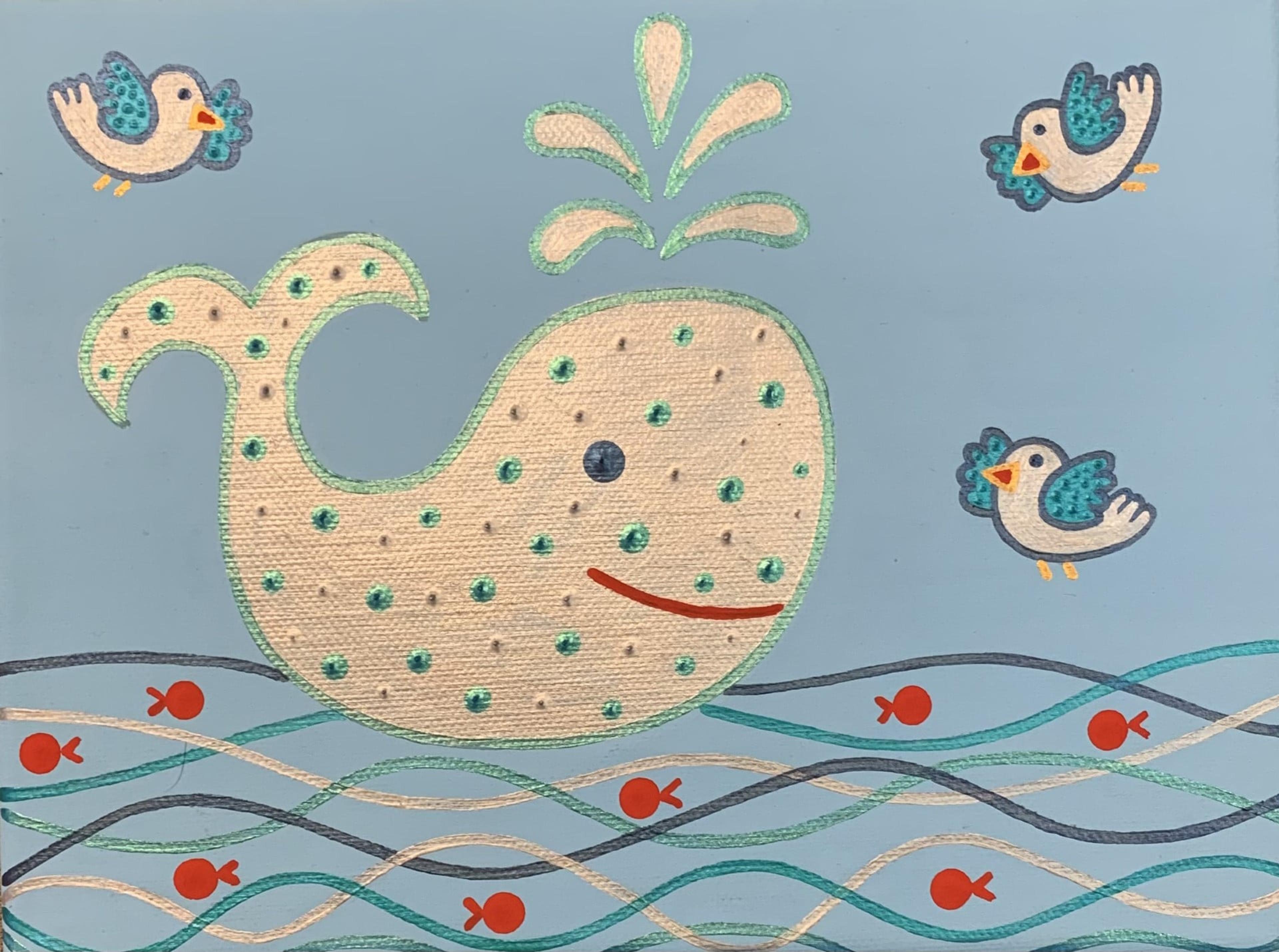Toile acrylique originale "Baleine" de Caroline Pons : une baleine souriante en points crème et vert menthe, entourée d'oiseaux et de vagues bleues sur fond clair.