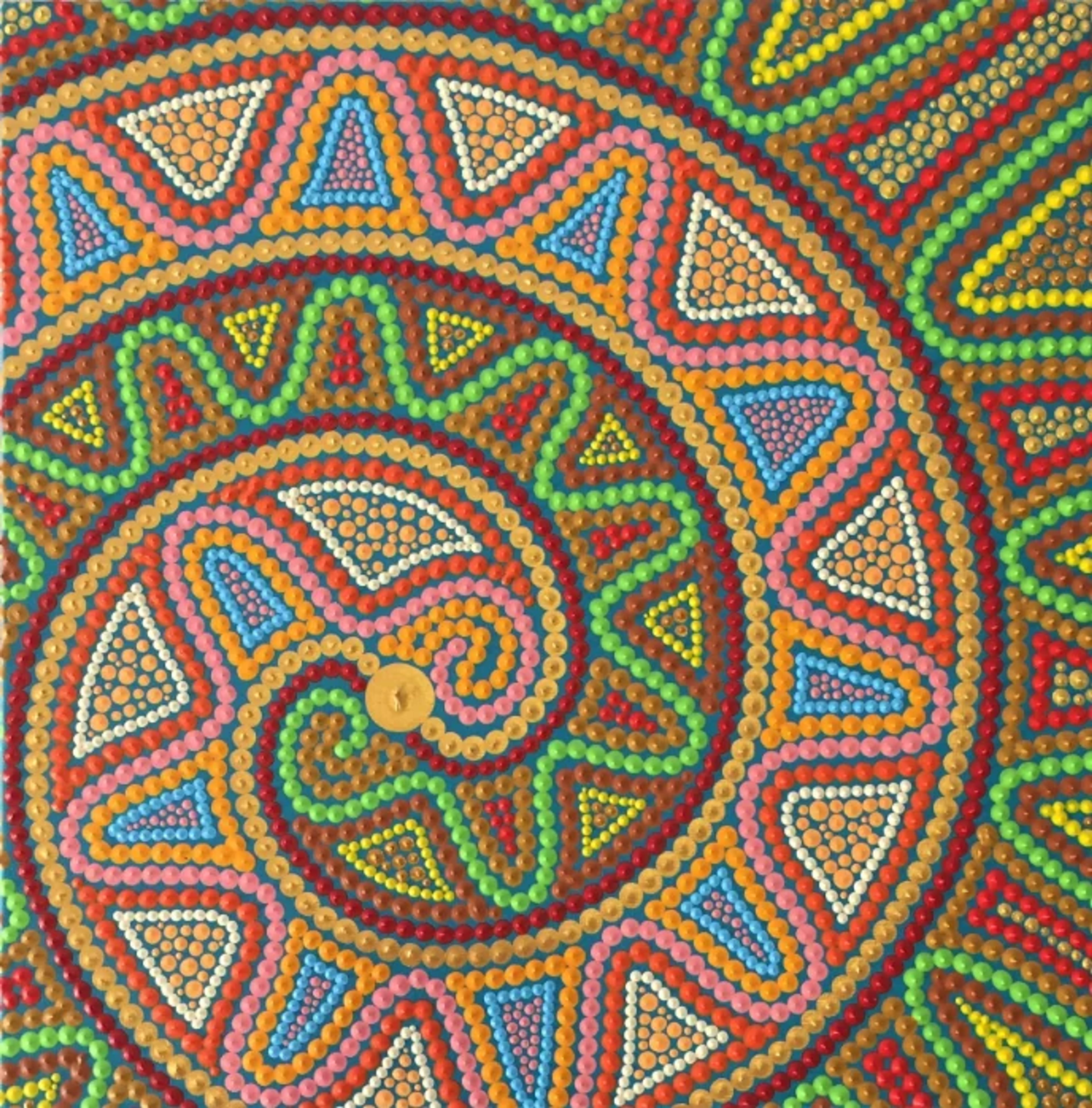 Caroline Pons' 'Spirale', Contemporary aboriginal-style art. Vibrant dot art: central spiral, triangles, lines in orange, blue, green, pink on a teal background.