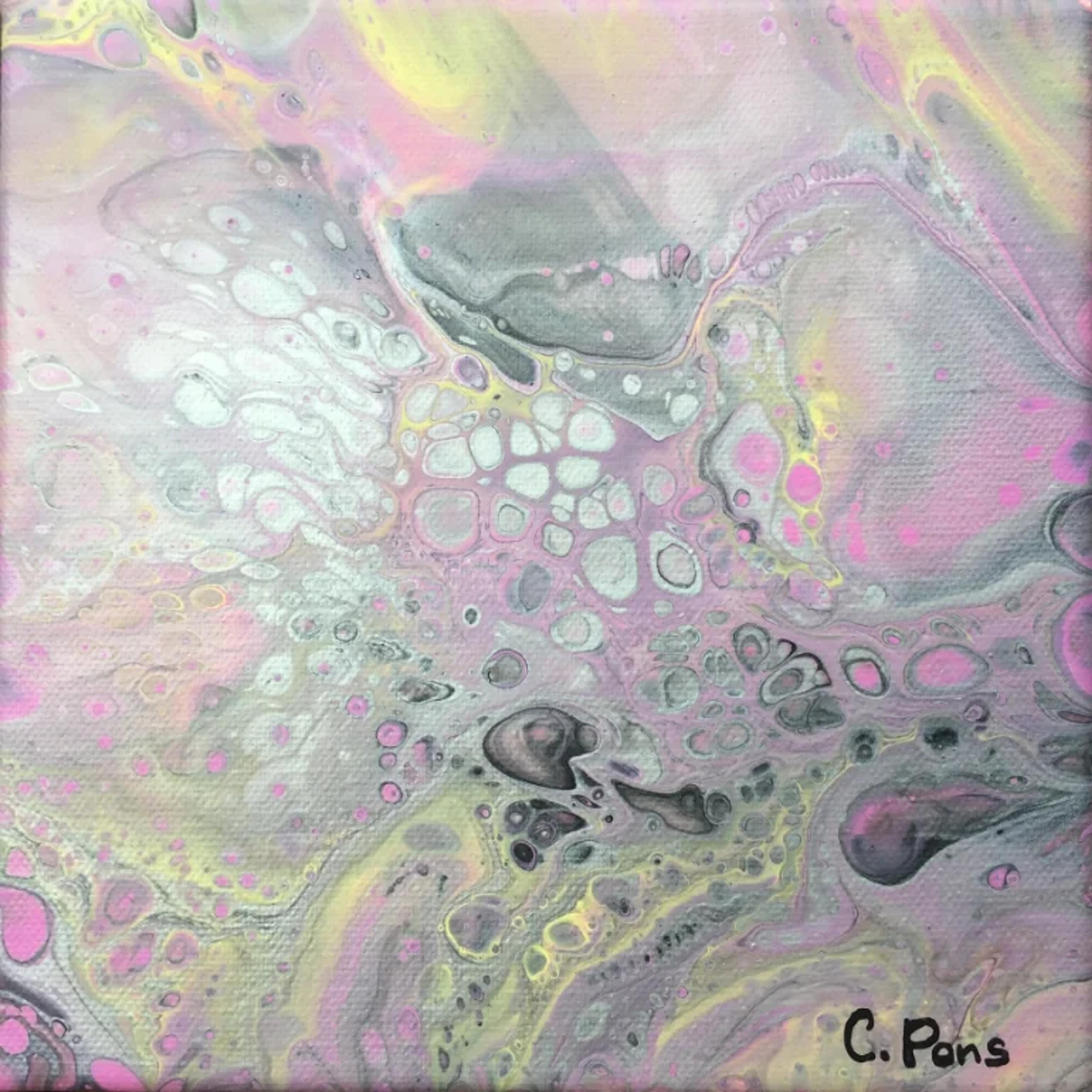 Peinture acrylique fluide "Rose et jaune pâle" de Caroline Pons. Cellules abstraites roses, jaunes pâles, grises et blanches, un art moderne captivant.