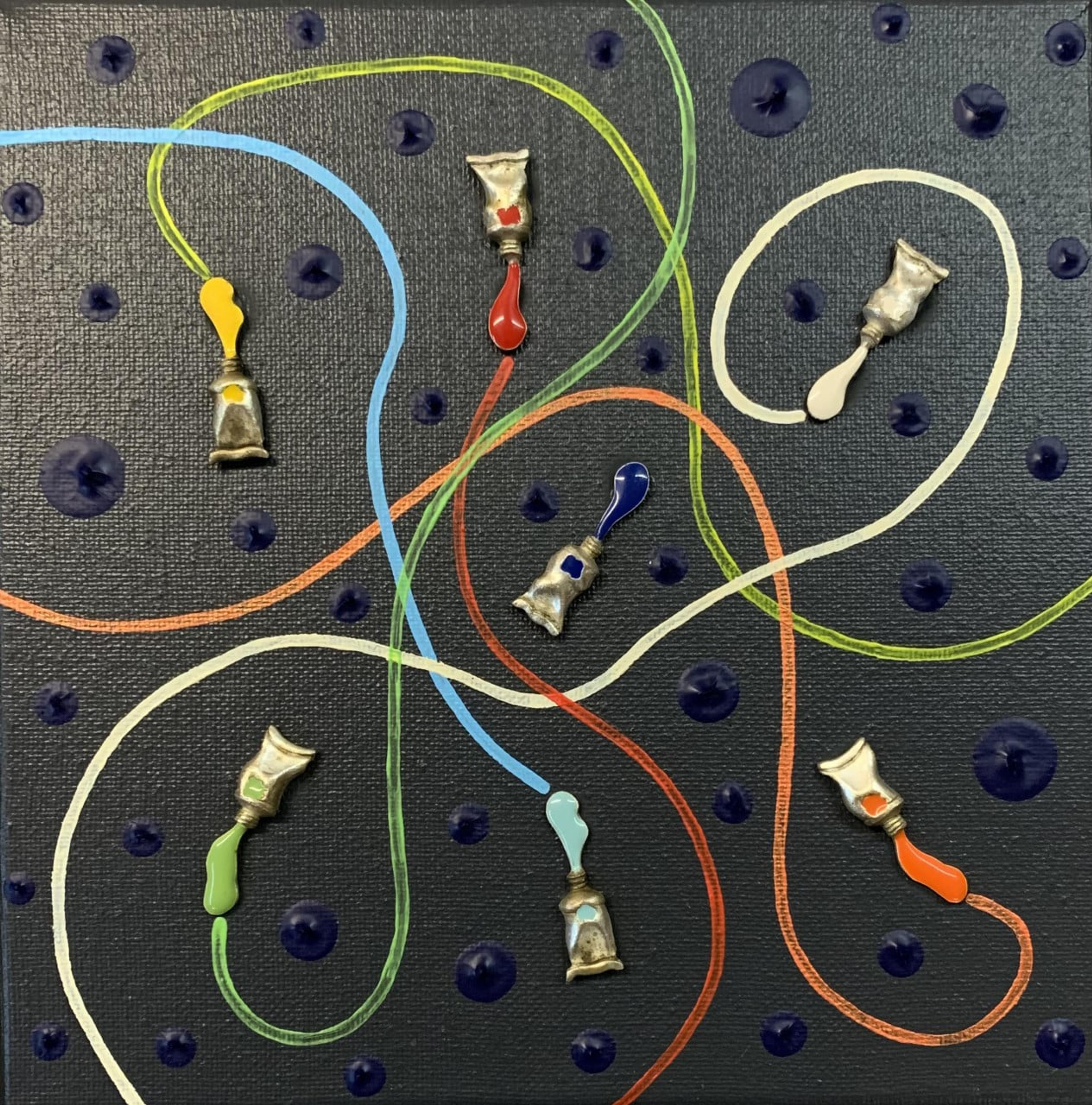 Caroline Pons: Tableau abstrait contemporain. Toile texturée sombre, points 3D bleus, tubes argentés déversant des lignes vives (jaune, rouge, bleu, vert, orange, blanc).