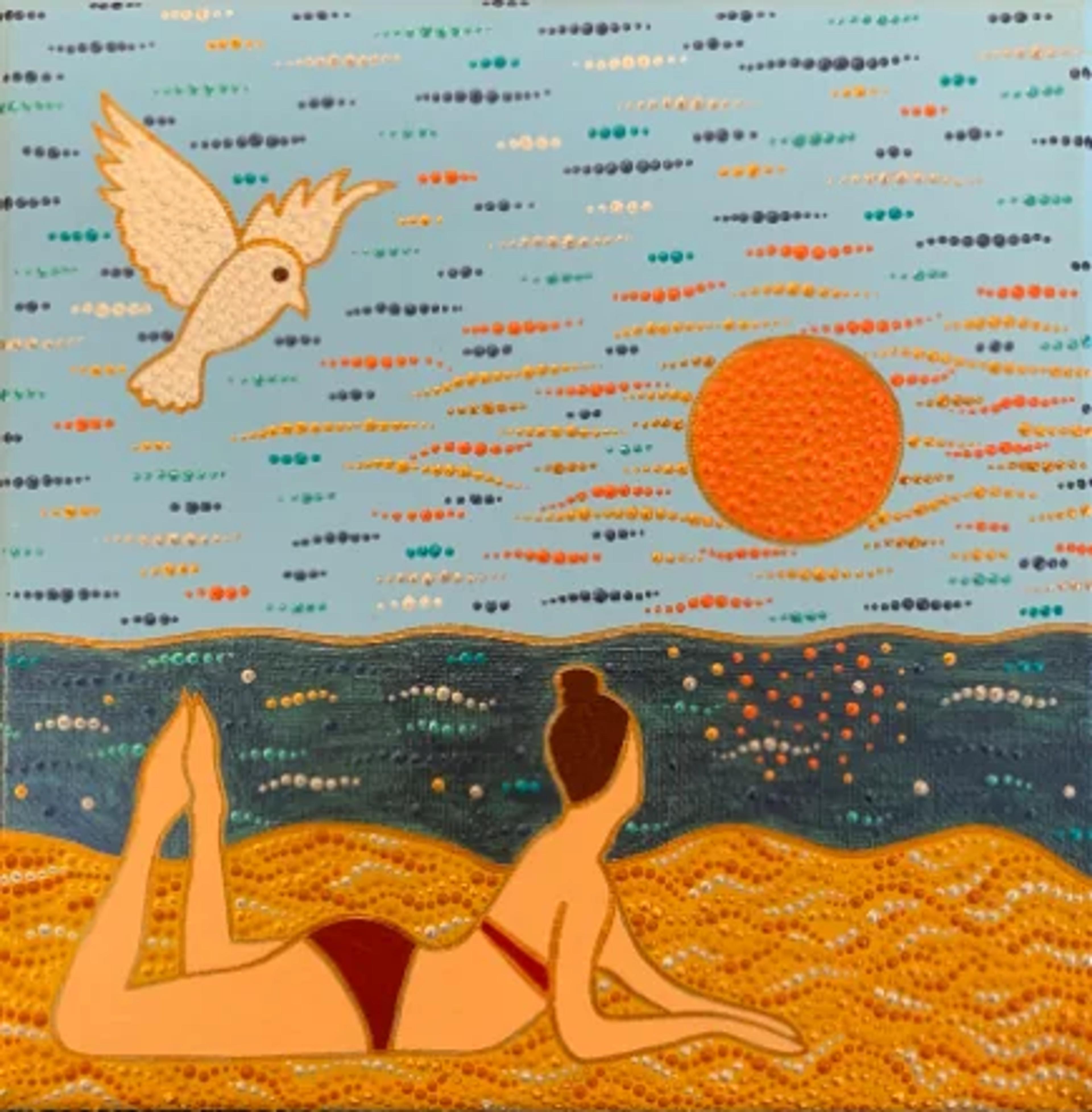 Œuvre originale "Coucher de soleil" de Caroline Pons. Peinture pointilliste: femme sur plage, soleil orangé, colombe en vol dans ciel bleu aux points vibrants.