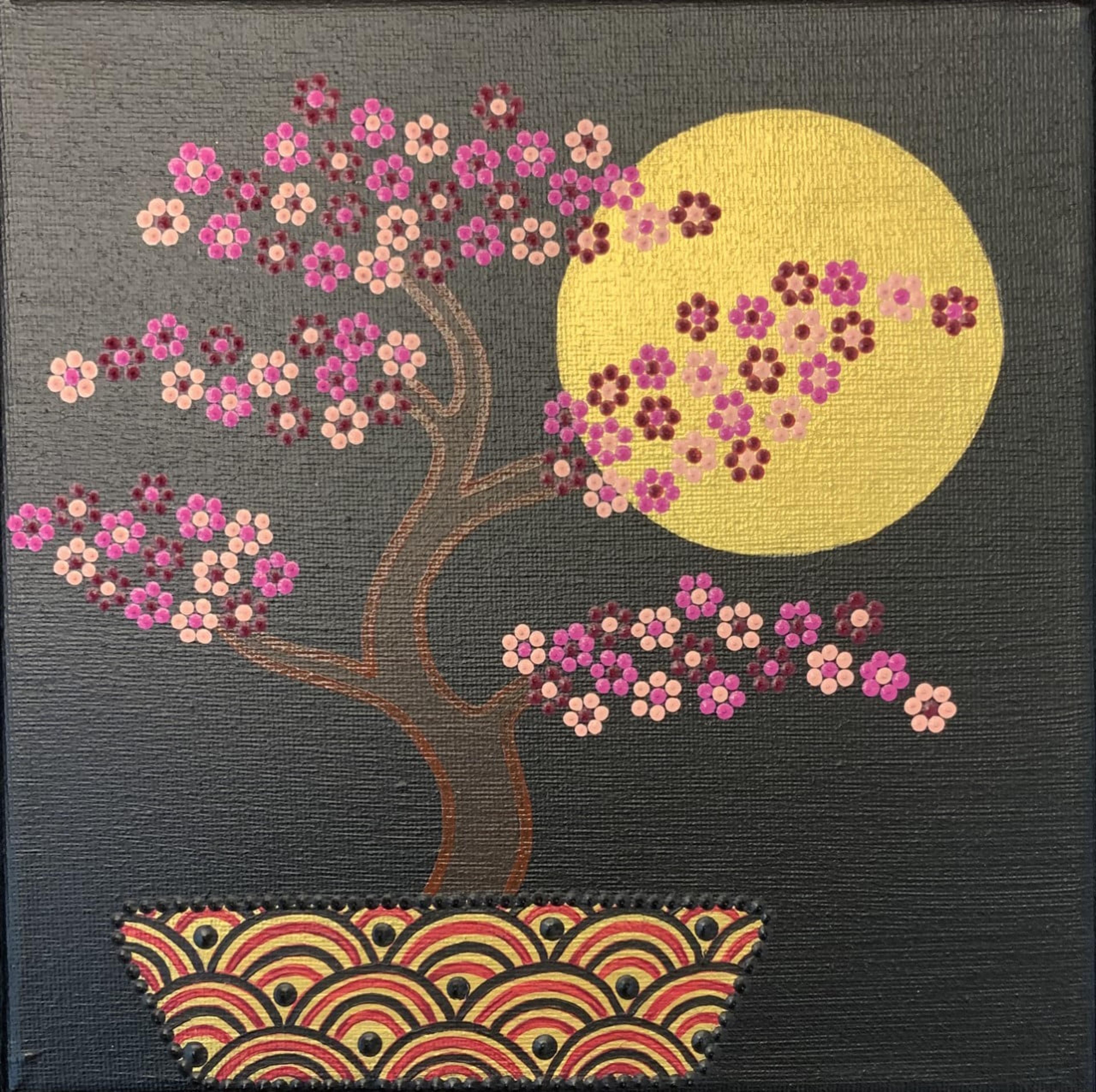 Œuvre originale de Caroline Pons, "Bonzai I", avec un bonsaï fleuri rose en points, une lune dorée et un pot stylisé sur fond sombre, en technique de dot art.