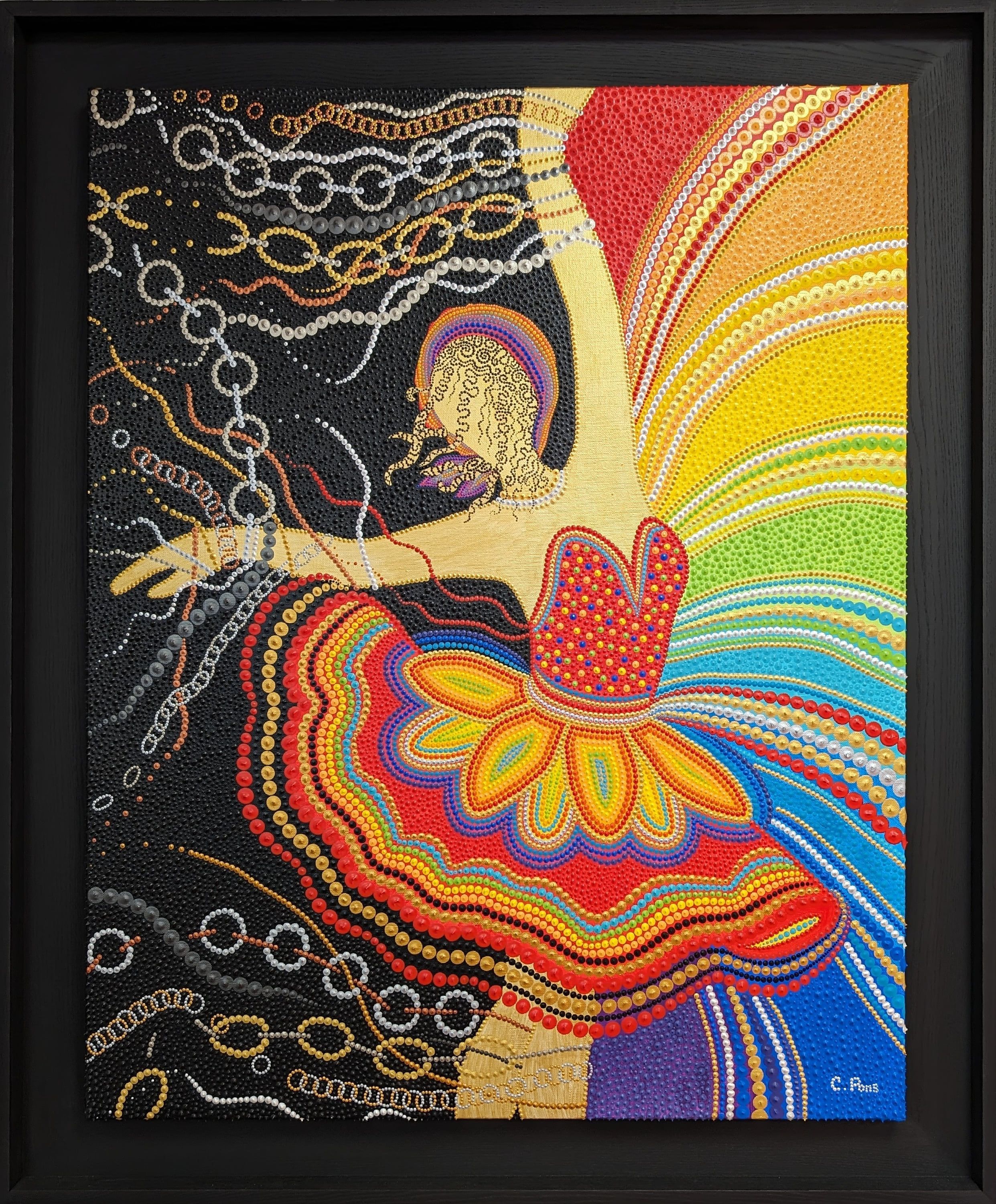 Tableau abstrait contemporain 'Libération' de Caroline Pons, encadré. Figure dansante en dot art, aux couleurs vives arc-en-ciel sur fond noir orné de chaînes dorées et argentées.