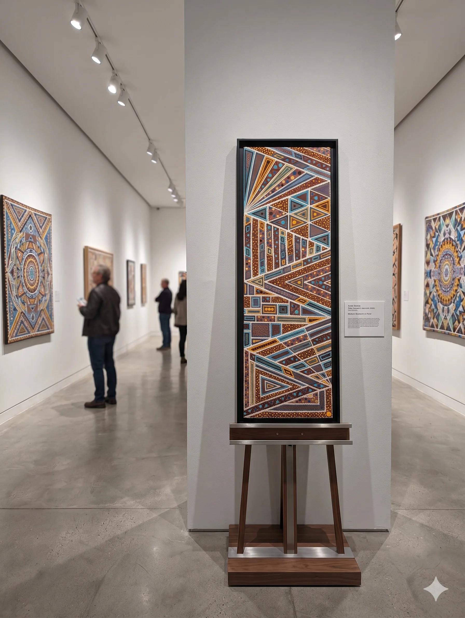 Caroline Pons : "Perspectives croisées", un tableau abstrait contemporain vertical exposé en galerie. Motifs géométriques complexes de points bleus, bruns, orange et or sur socle épuré.