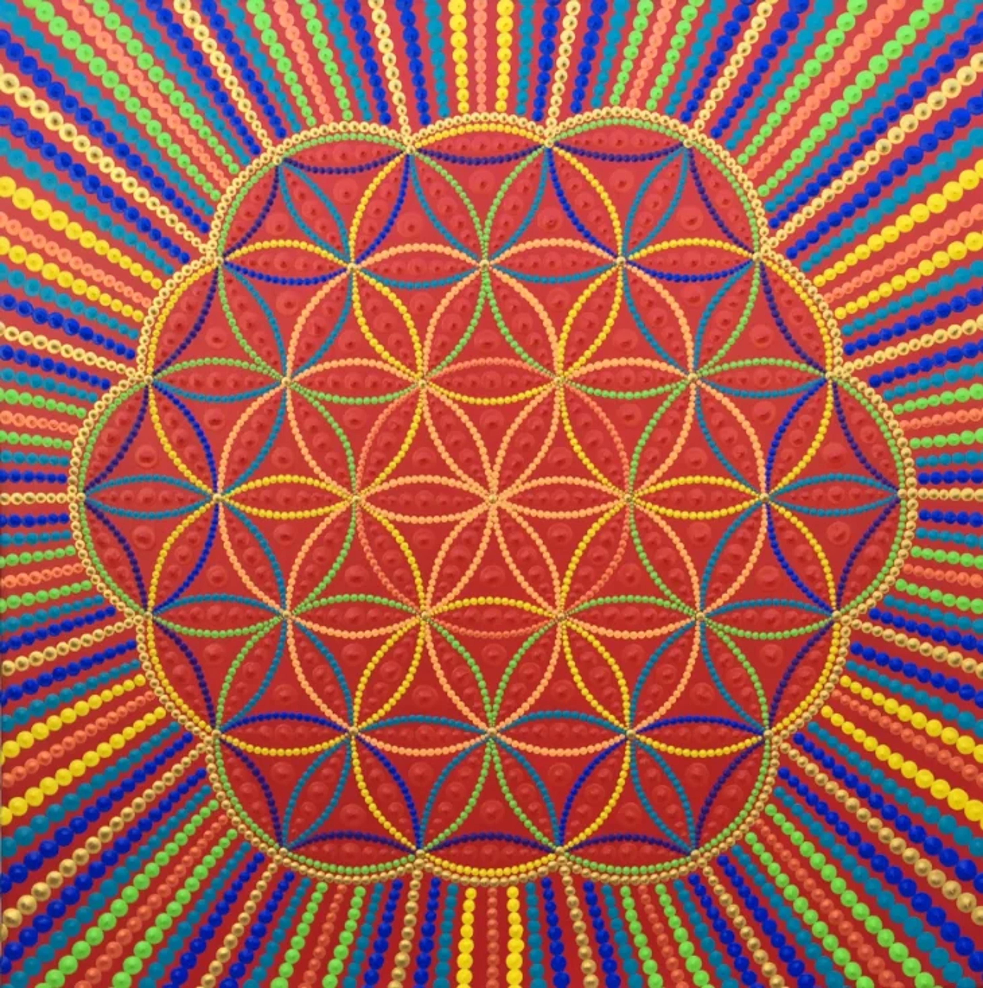 Fleur de vie, tableau abstrait contemporain de Caroline Pons. Œuvre vibrante dot art : géométrie sacrée rouge, cercles et rayons multicolores.