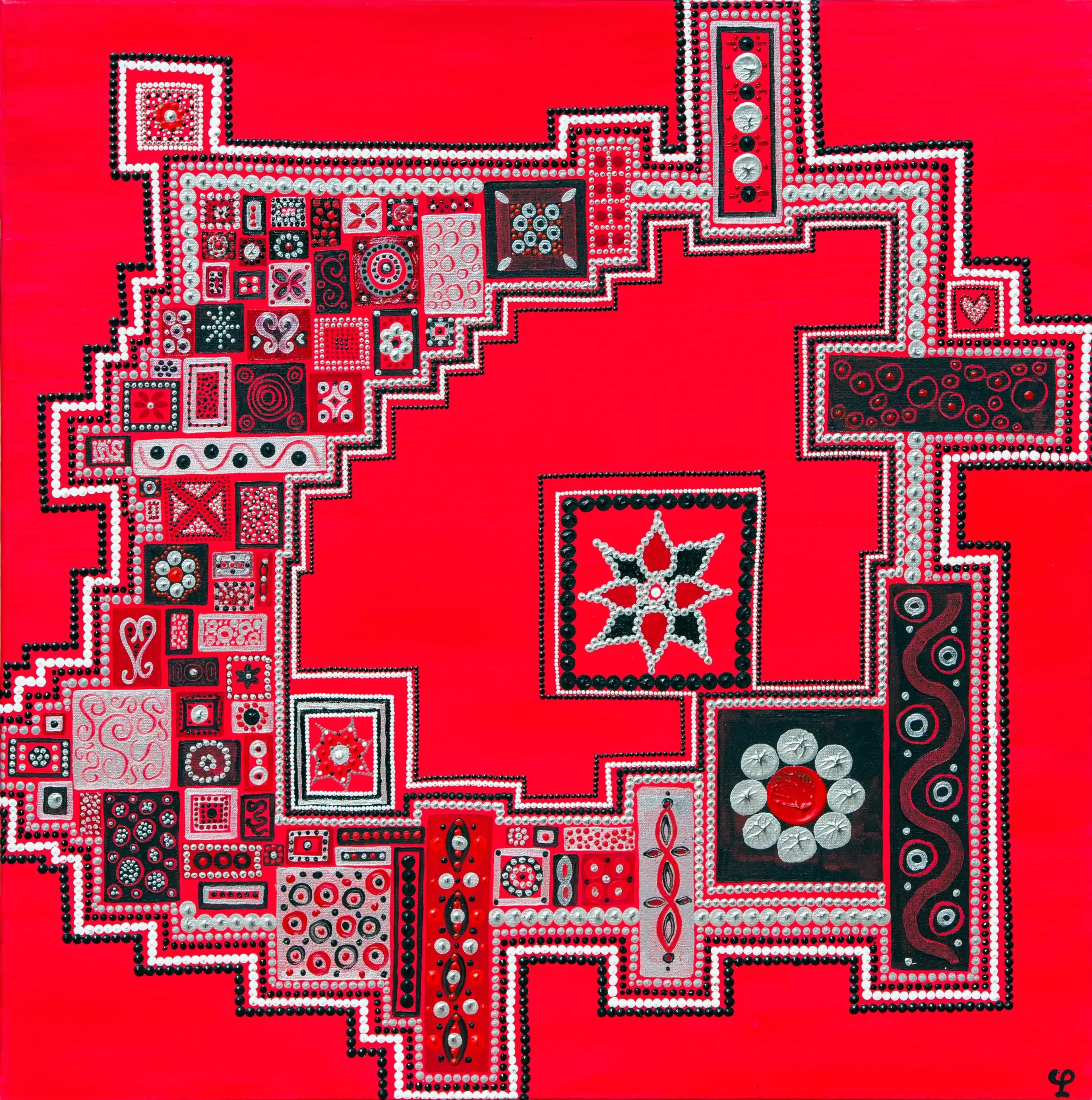 Tableau abstrait contemporain de Caroline Pons. Motifs géométriques complexes en points noirs, blancs, argentés sur fond rouge vif. Ambiance vibrante et structurée.