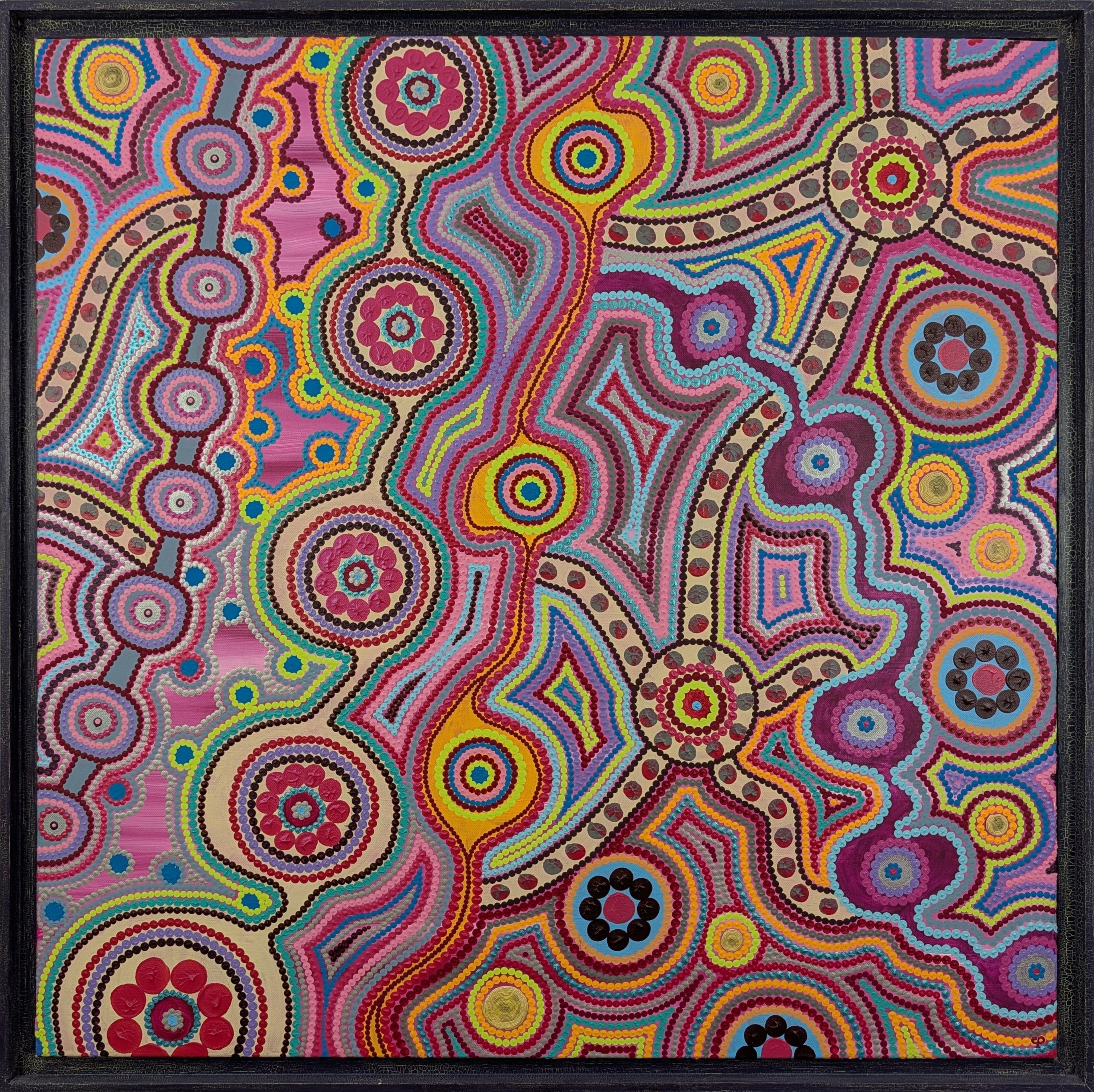 « Pink », tableau abstrait contemporain de Caroline Pons. Œuvre vibrante de style aborigène avec motifs circulaires et lignes colorées à points sur fond rose et crème.