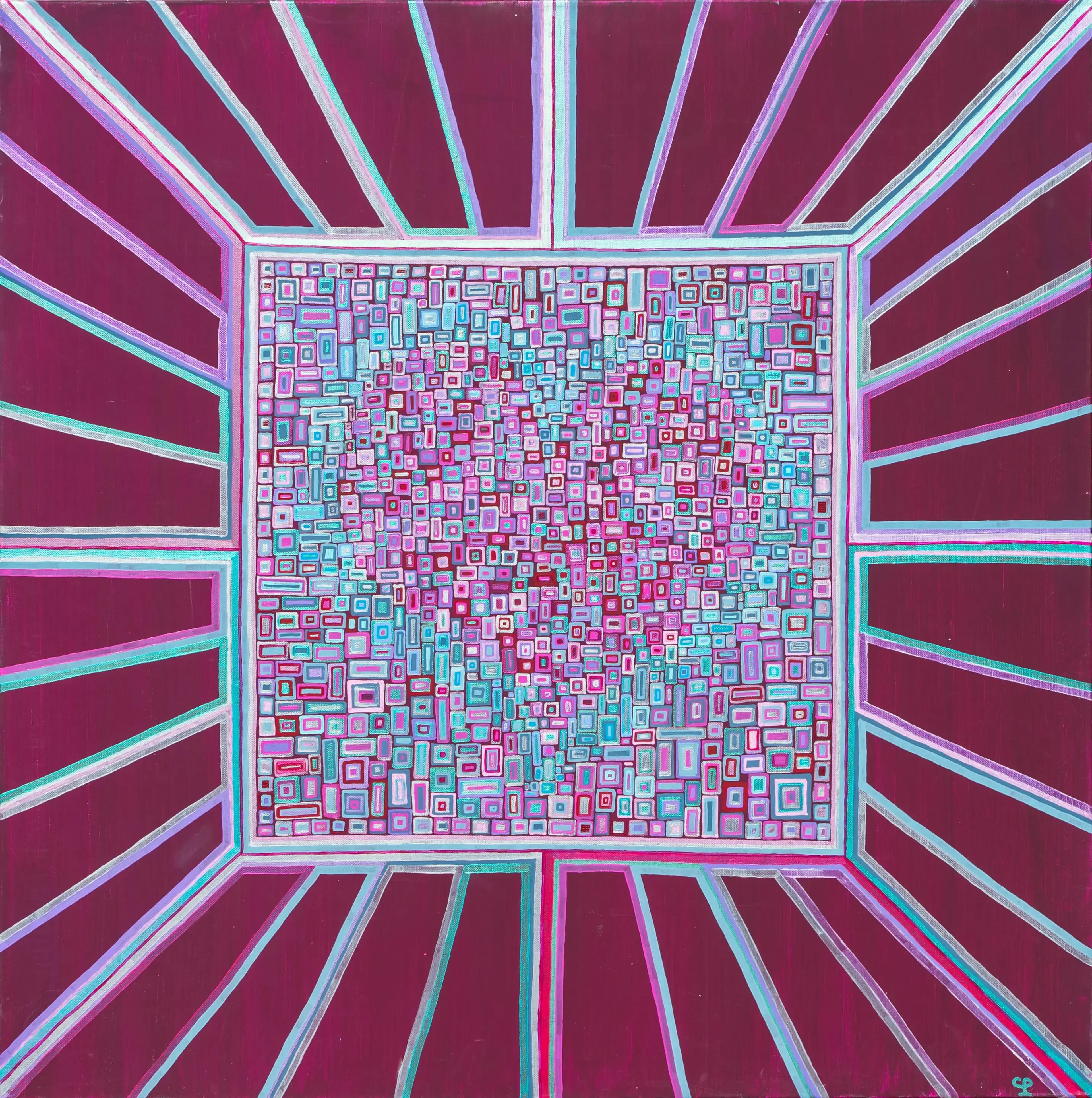 Tableau abstrait contemporain "Lovely Heart" par Caroline Pons. Rectangles pointillistes bleus, roses, violets irradient sur un fond magenta profond. Ambiance dynamique et colorée.