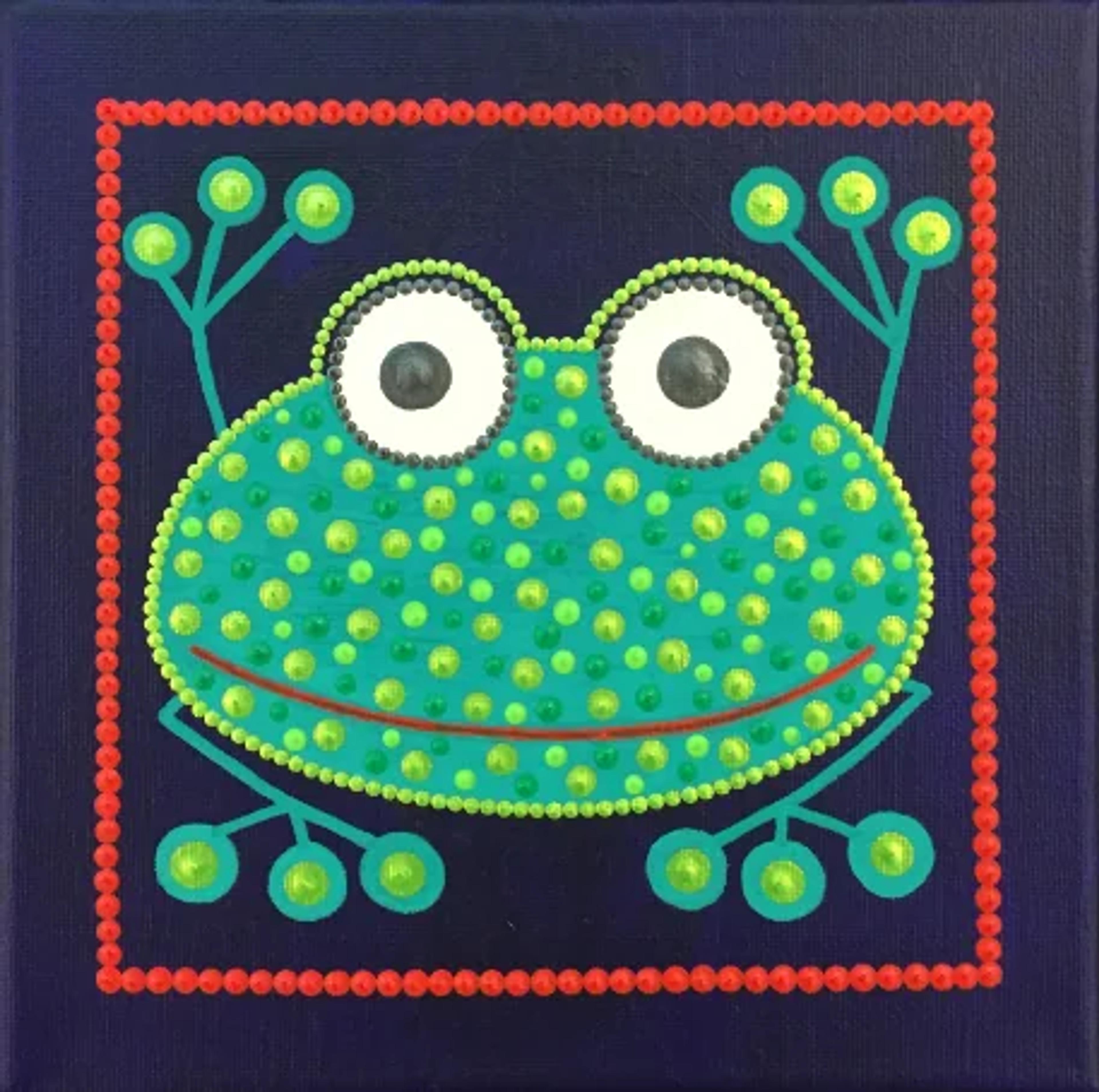 Œuvre originale de Caroline Pons: une grenouille verte en pointillisme avec des pois jaunes sur fond bleu marine, bordure de points rouges.