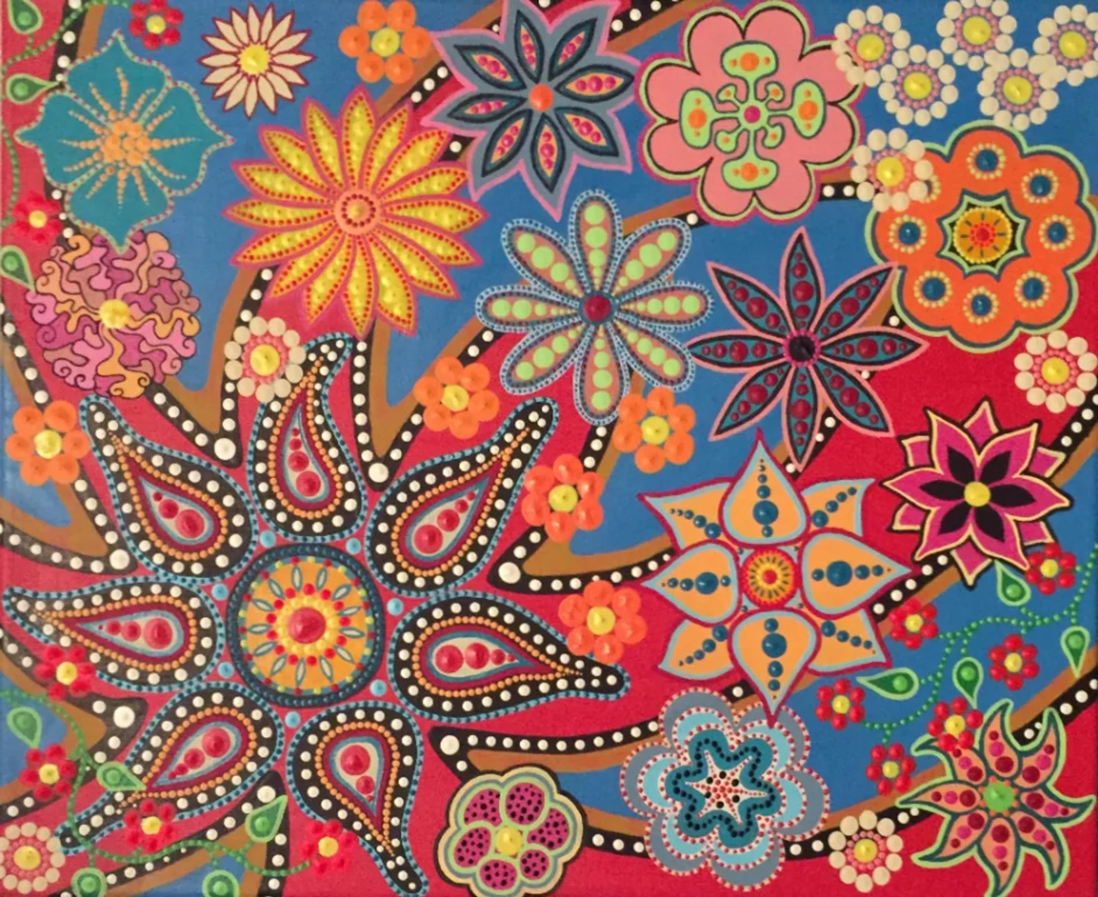 « Petites Fleurs », modern abstract painting by Caroline Pons. Vivid floral mandalas in dot art, featuring red, blue, yellow, orange, pink. Original artwork with intricate patterns.