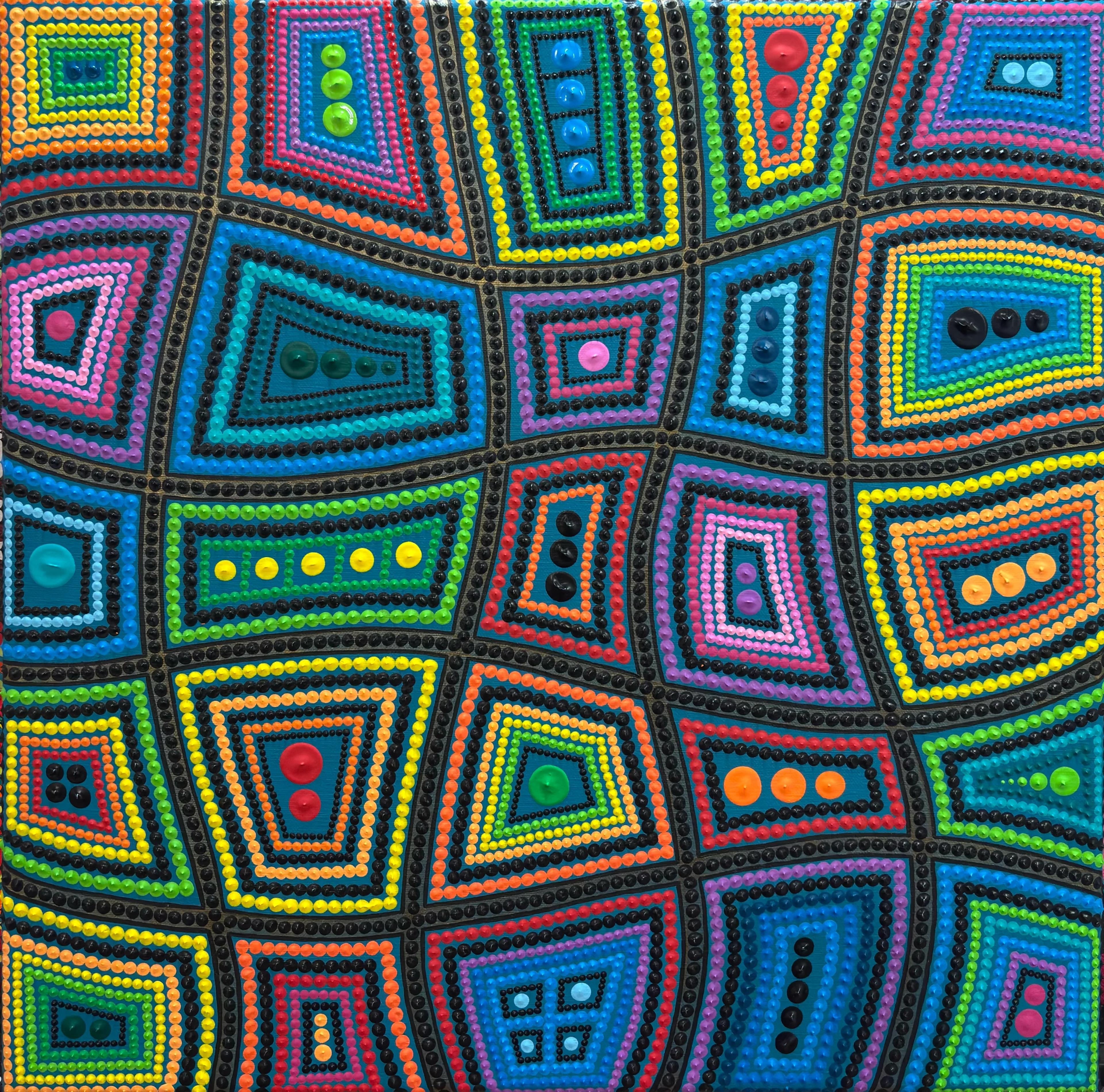 Tableau abstrait contemporain de Caroline Pons : Mosaïque vibrante de formes géométriques et curvilignes, aux milliers de points colorés et noirs texturés sur fond sarcelle.