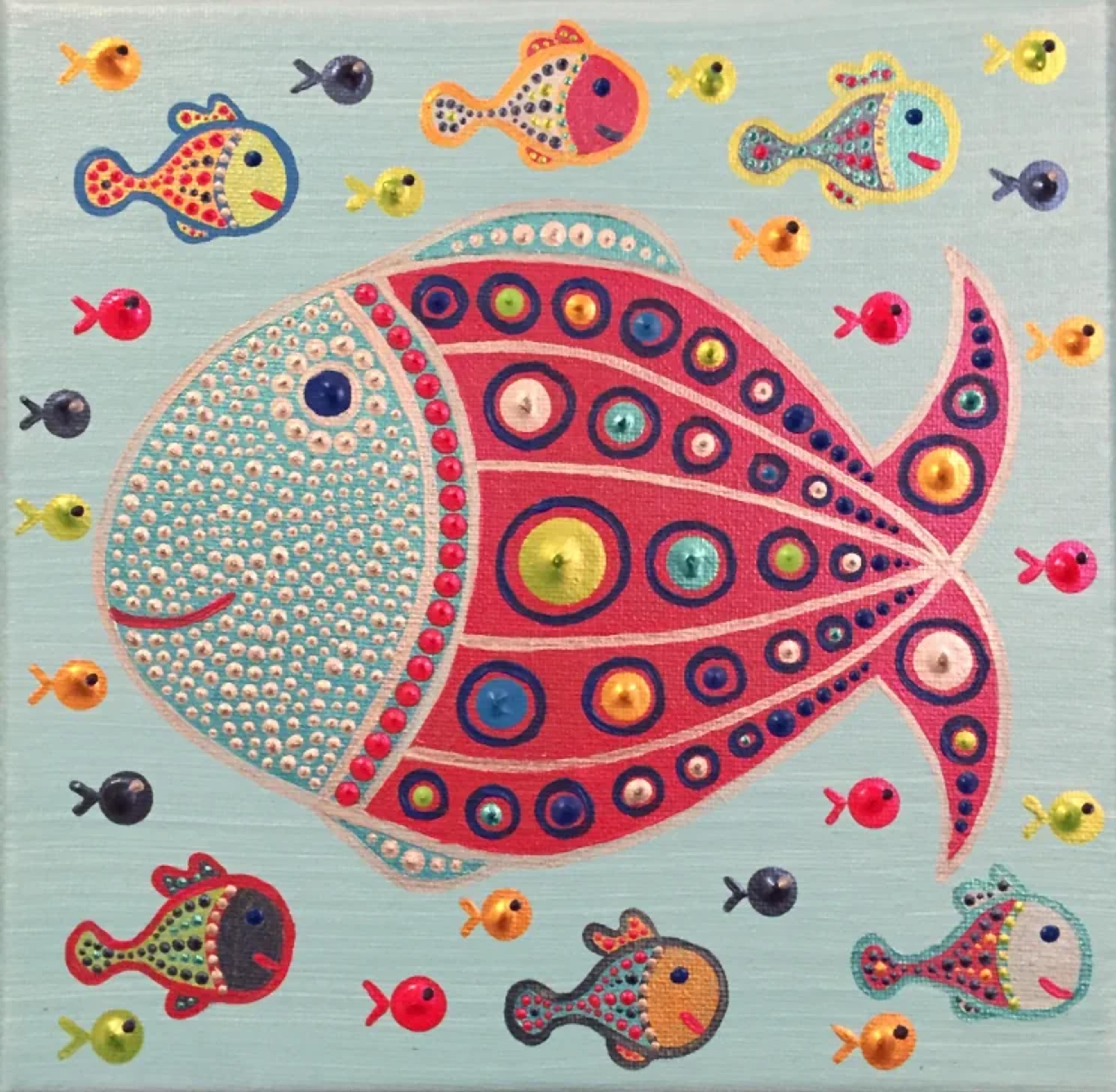 Art aborigène contemporain "Poisson" de Caroline Pons. Toile vibrante de poissons colorés en dot art, un grand poisson rose et de nombreux petits sur fond bleu clair.