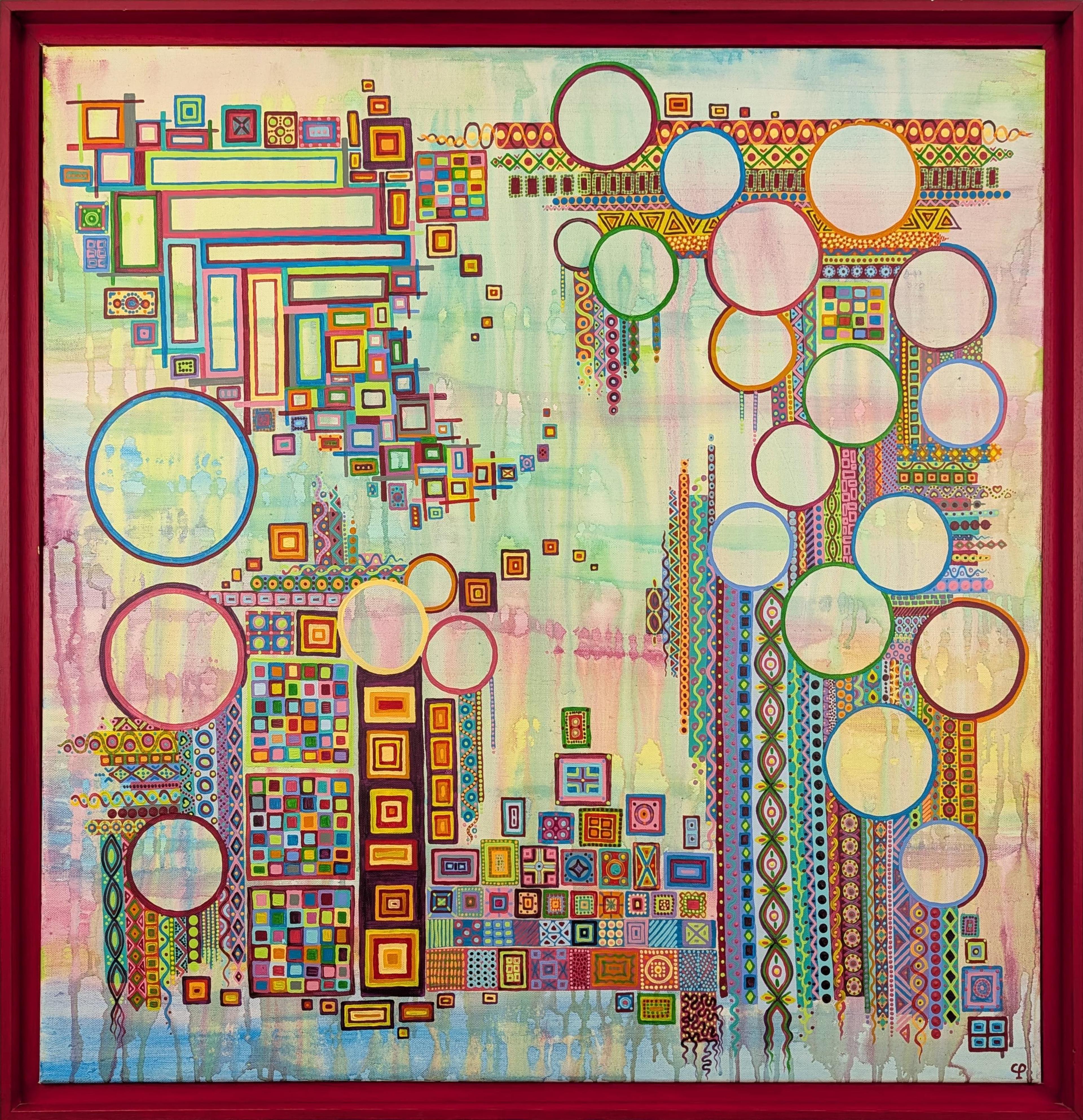 Œuvre originale 'Un ange sur la ville' de Caroline Pons. Toile acrylique encadrée de rouge, aux motifs géométriques complexes et points vibrants sur fond abstrait. Une Peinture moderne captivante.