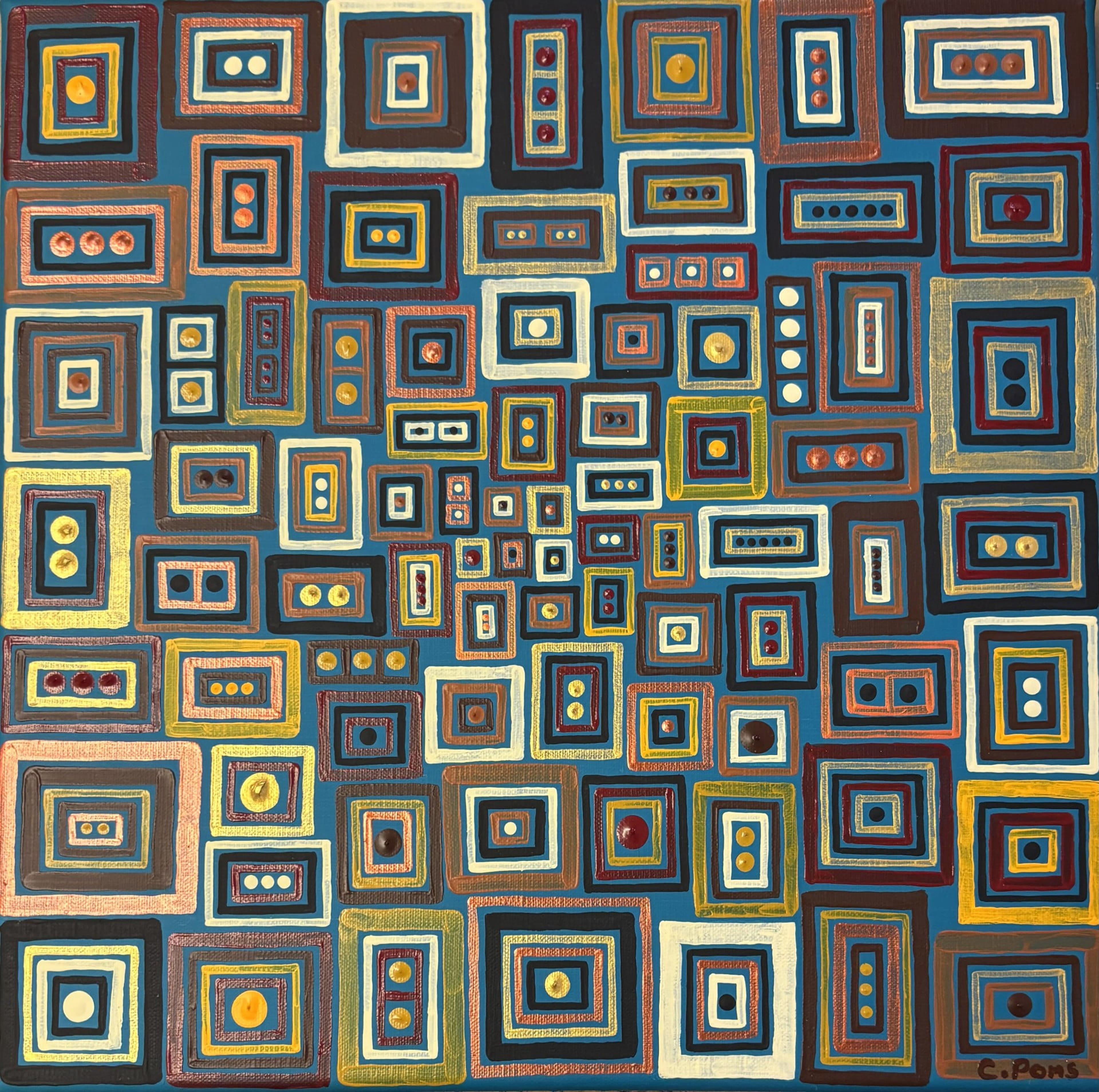 « Mosaïque rythmique » de Caroline Pons : Tableau abstrait contemporain vibrant. Multiples cadres imbriqués aux teintes terreuses et vives, avec des points texturés sur fond bleu sarcelle.