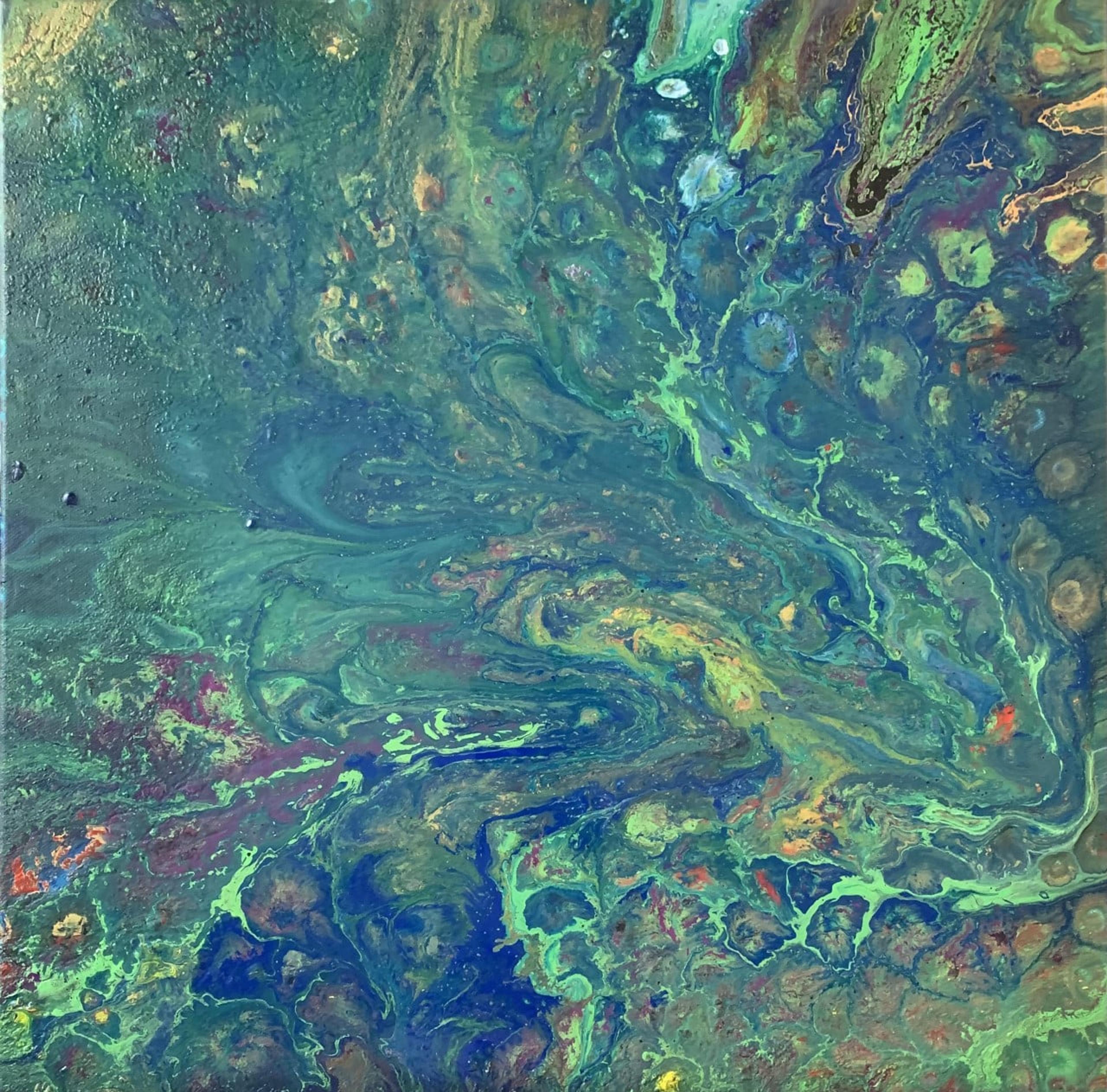 Tableau abstrait contemporain "Murmures abyssaux" de Caroline Pons. Coulées organiques bleues et vertes, textures fluides évoquant les profondeurs océaniques.