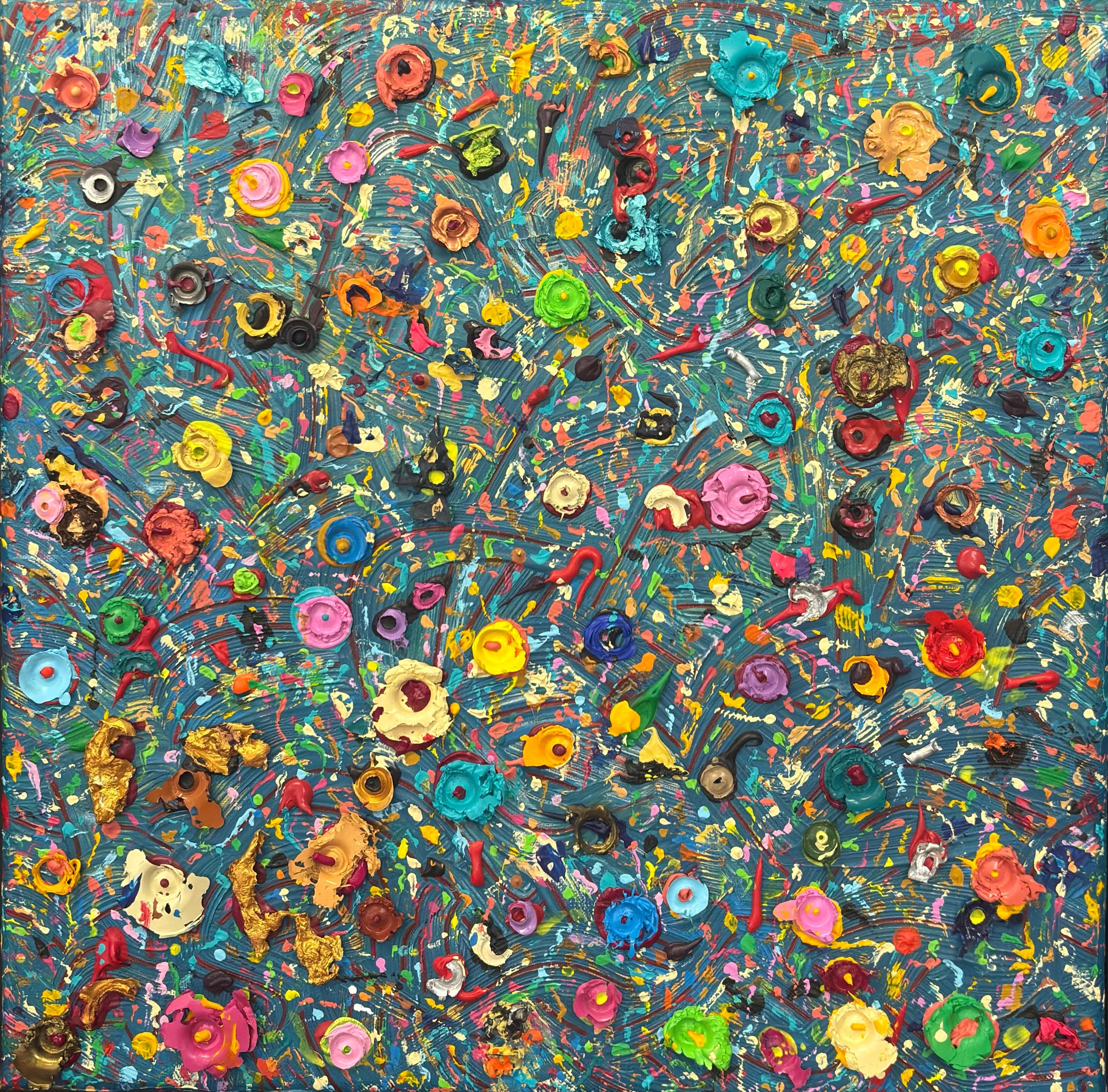 Unique wall art 'L'éclosion du chaos' by Caroline Pons. Textured teal canvas featuring vibrant 3D dots and varied forms, a colorful explosion in a distinct dot art style.