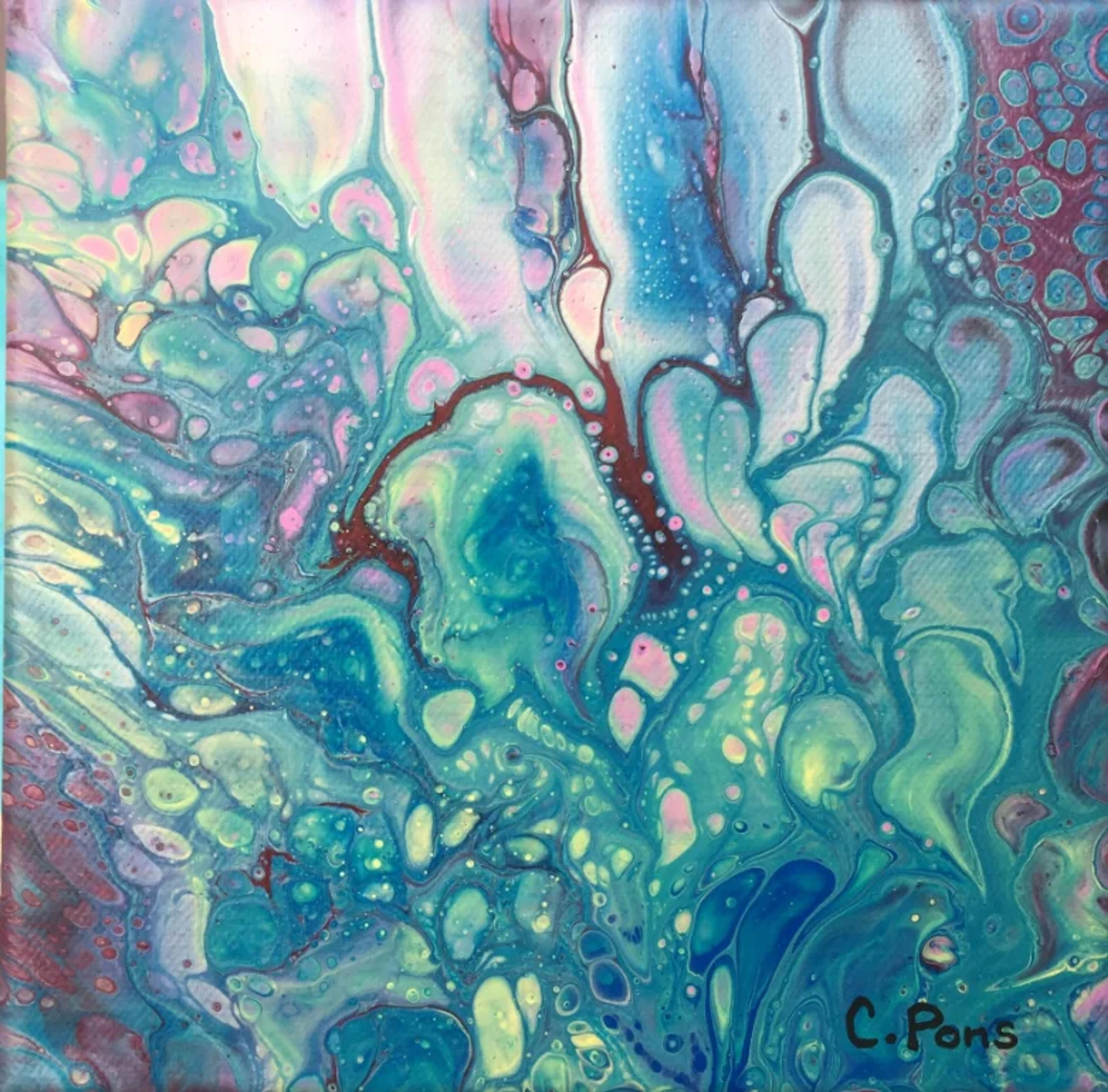 Tableau abstrait contemporain de Caroline Pons: coulée acrylique "turquoise et rose" aux cellules fluides, bleu, vert et reflets marron.
