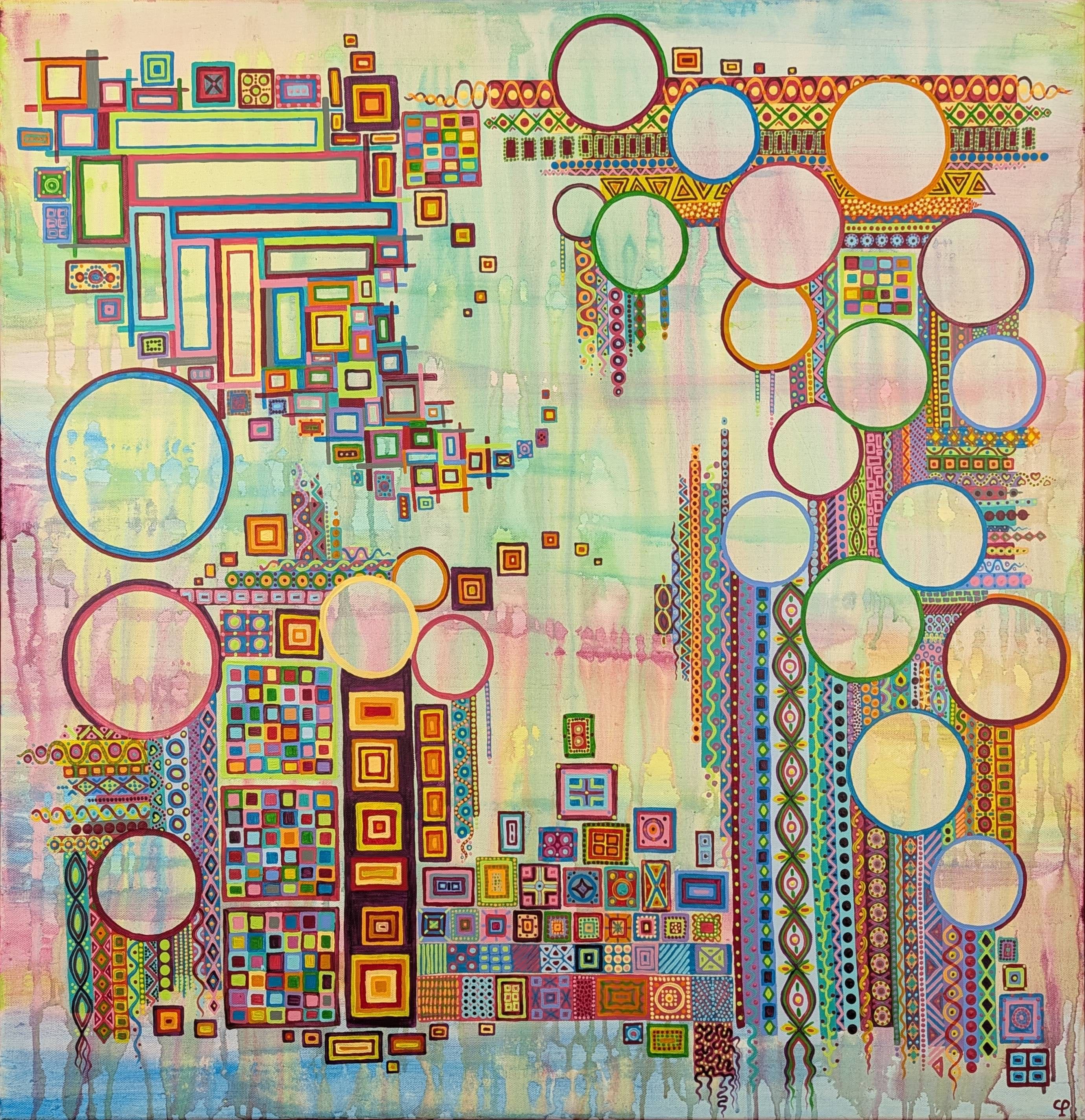 Peinture moderne "Un ange sur la ville" de Caroline Pons. Toile acrylique vibrante, mosaïque de cercles, carrés et motifs géométriques complexes en style pointilliste, aux couleurs vives.