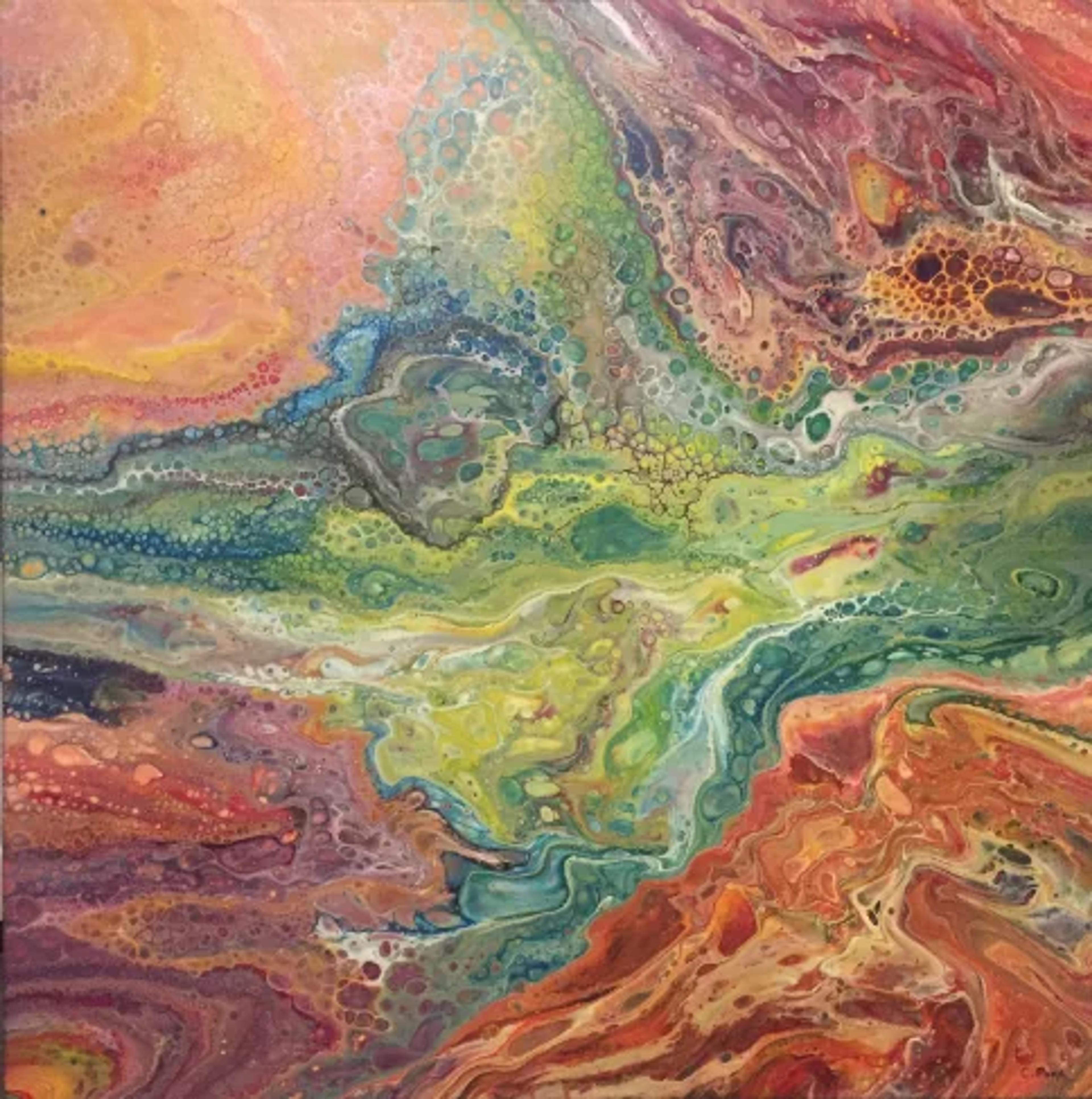 Tableau abstrait contemporain de Caroline Pons, aux couleurs vives et fluides. Des formes organiques et des cellules complexes créent un motif dynamique, comme une topographie colorée.