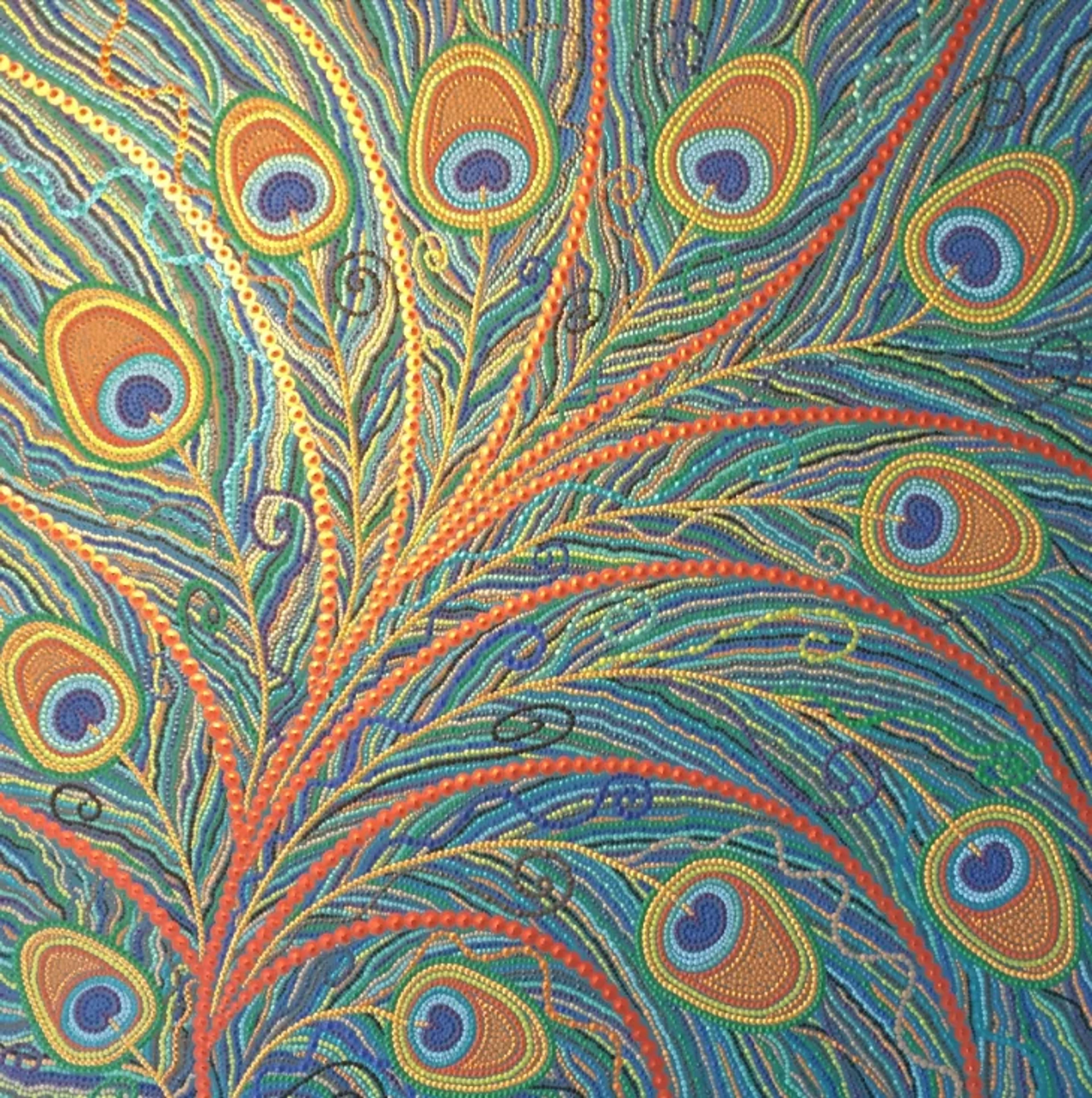 Tableau abstrait contemporain de Caroline Pons, "Queue de paon". Plumes colorées en dot art, bleus, verts, oranges et jaunes. Motif riche et détaillé.