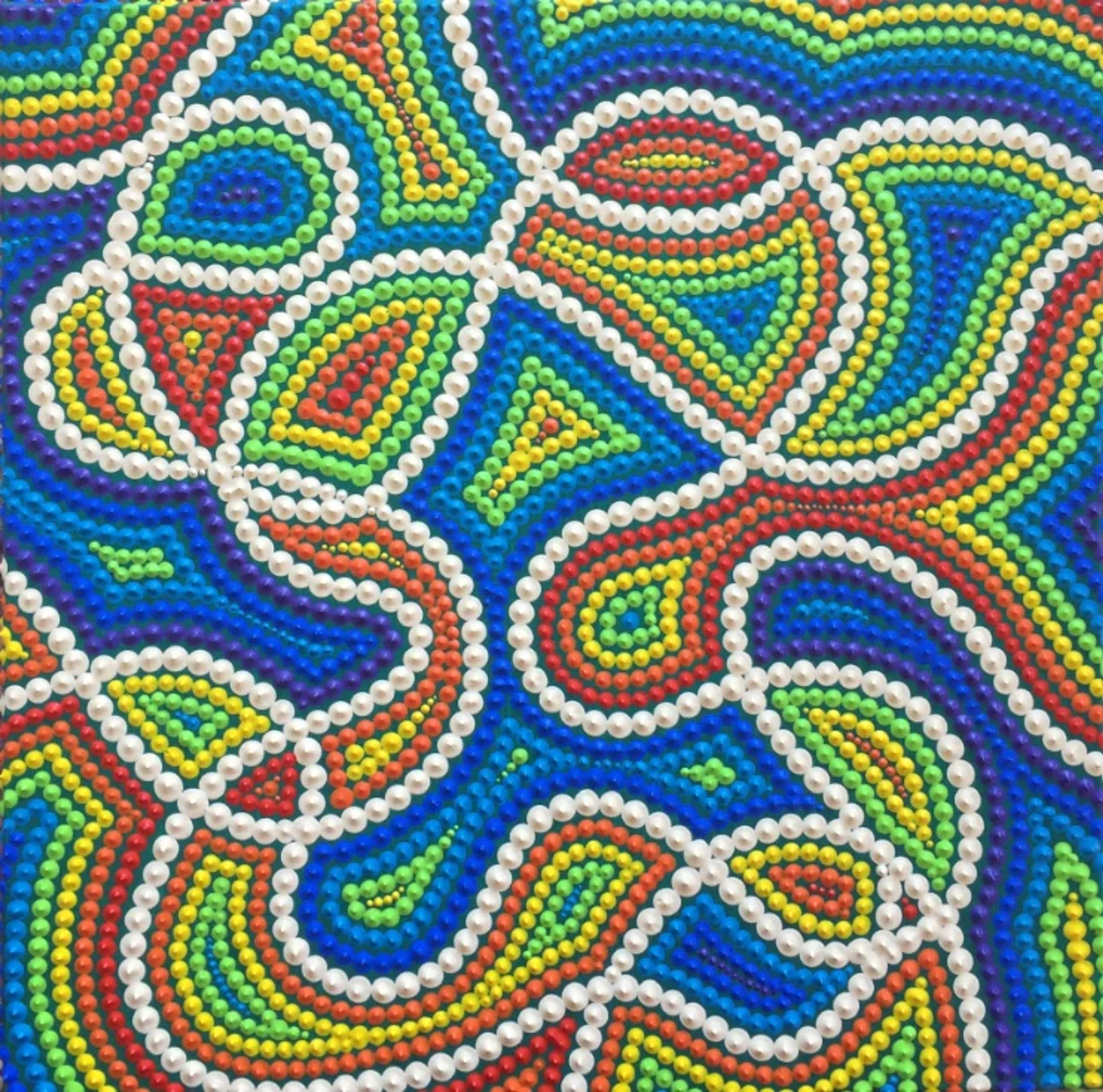 Canvas #205, a contemporary aboriginal-style art piece by Caroline Pons. Vibrant dot painting featuring rainbow colors (blue, green, red, yellow) and intricate white flowing patterns.