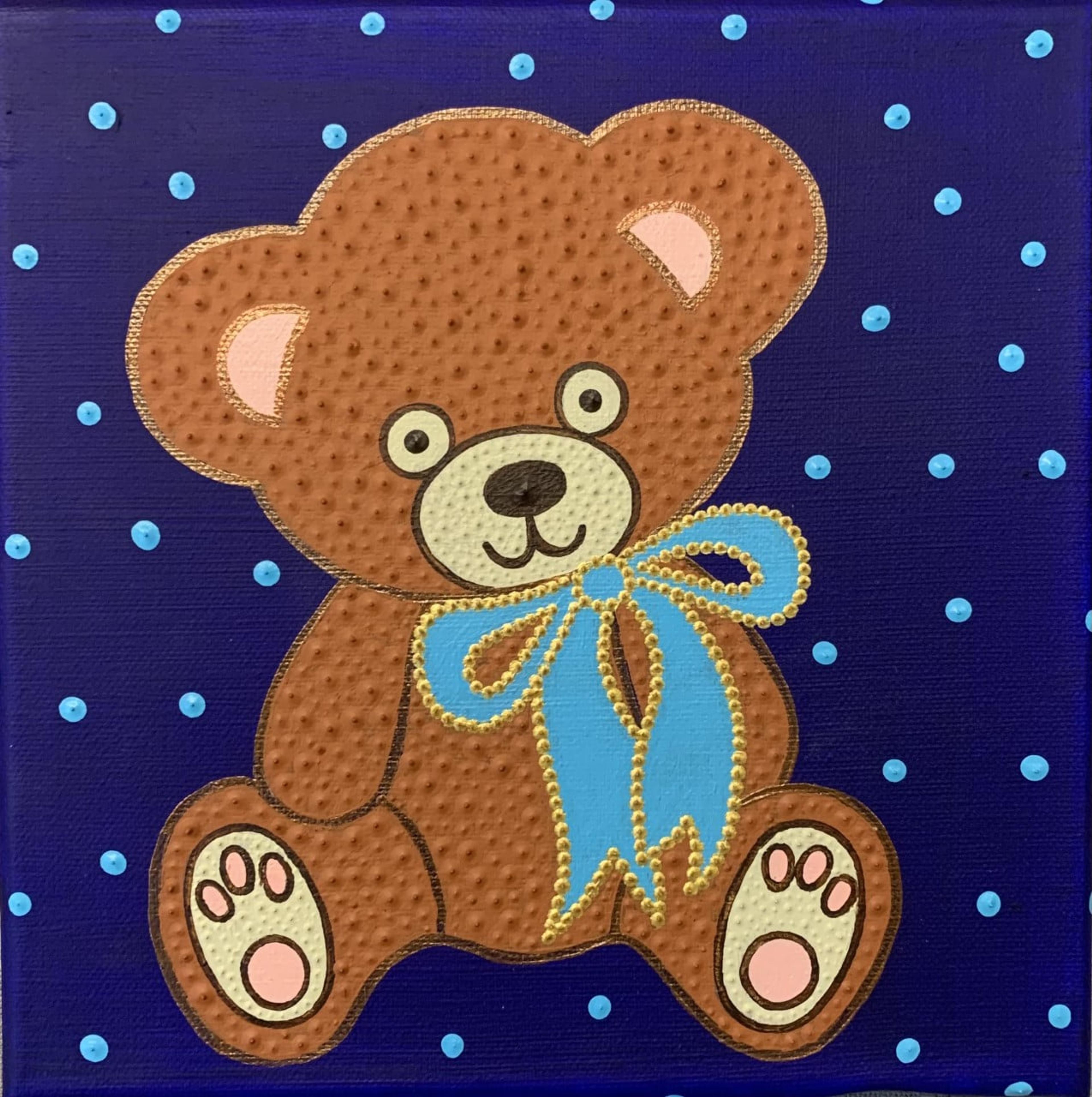 Œuvre originale de Caroline Pons : adorable ourson marron texturé en pointillisme, nœud bleu vif, sur fond bleu nuit moucheté de points.