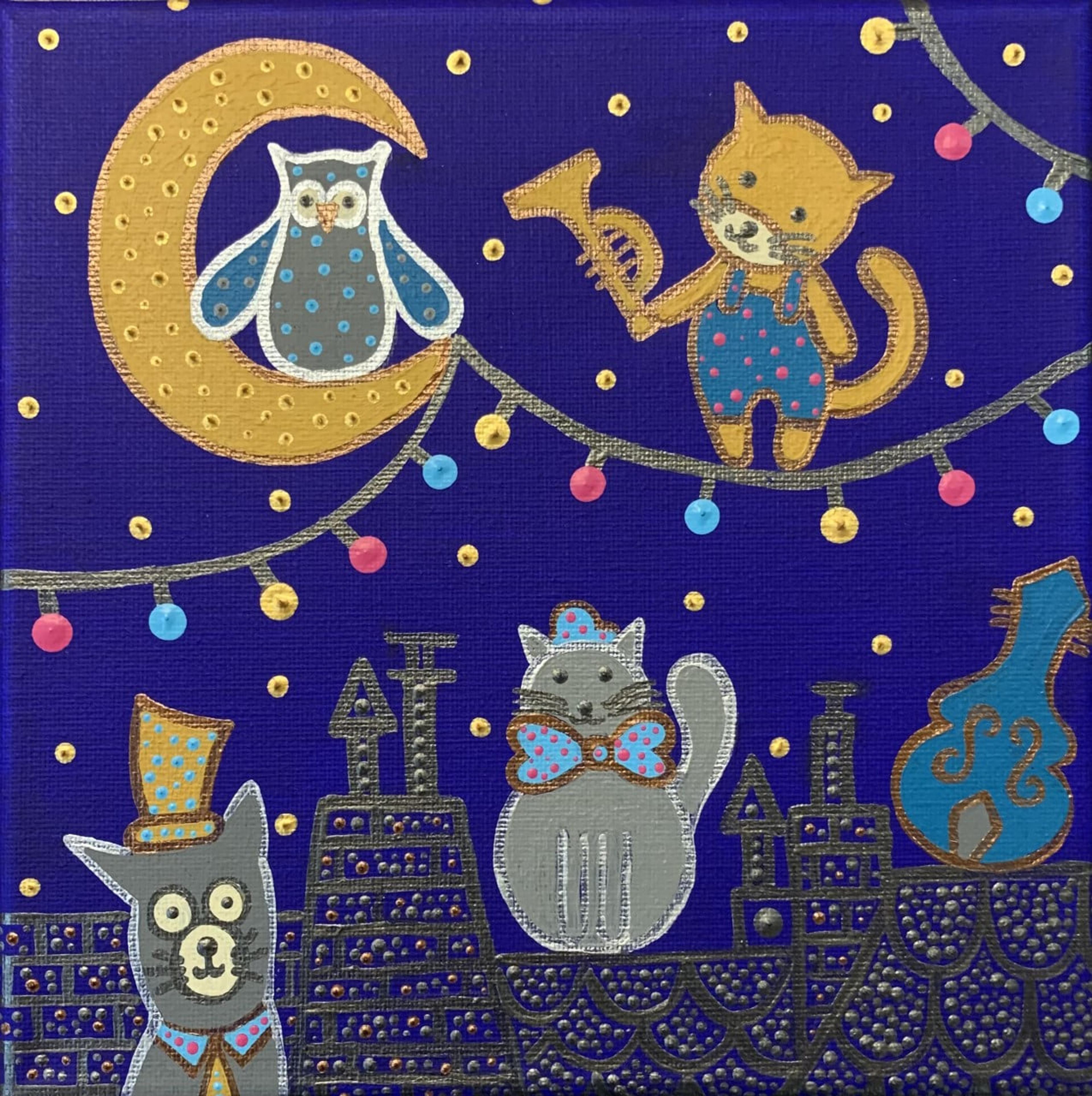 Œuvre originale de Caroline Pons : "Chats sur les toits". Toile acrylique bleu nuit avec des chats musiciens, chouette sur lune dorée, toits urbains. Style pointilliste joyeux, couleurs vives.