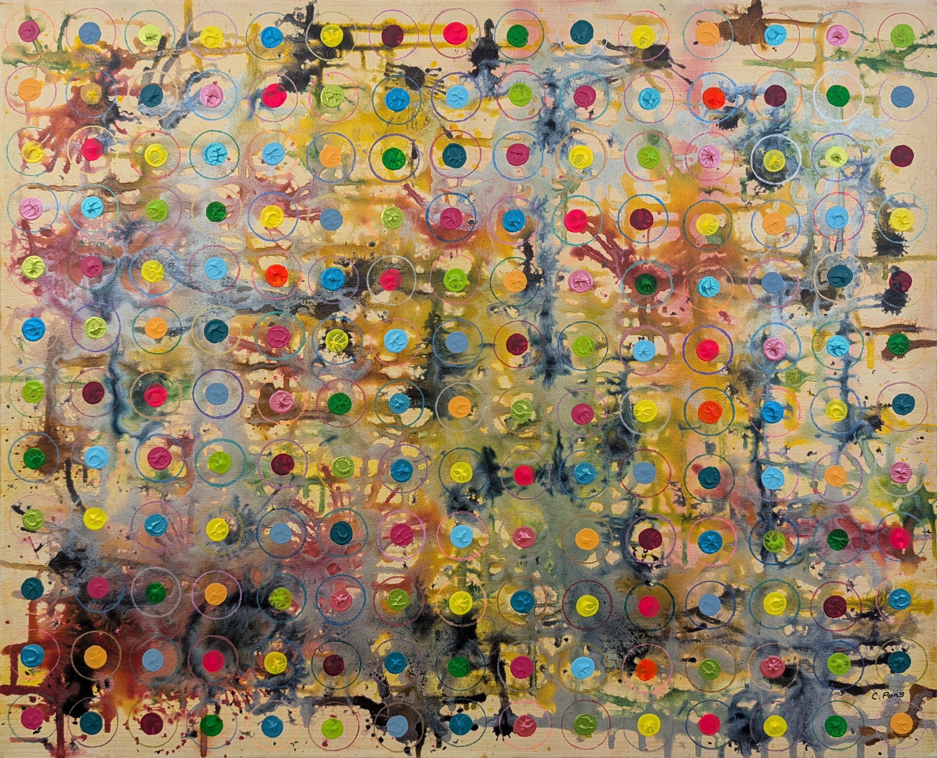 « Chorégraphie chromatique » de Caroline Pons, une toile acrylique vibrante. Quadrillage de cercles et points colorés texturés sur fond abstrait éclaboussé.