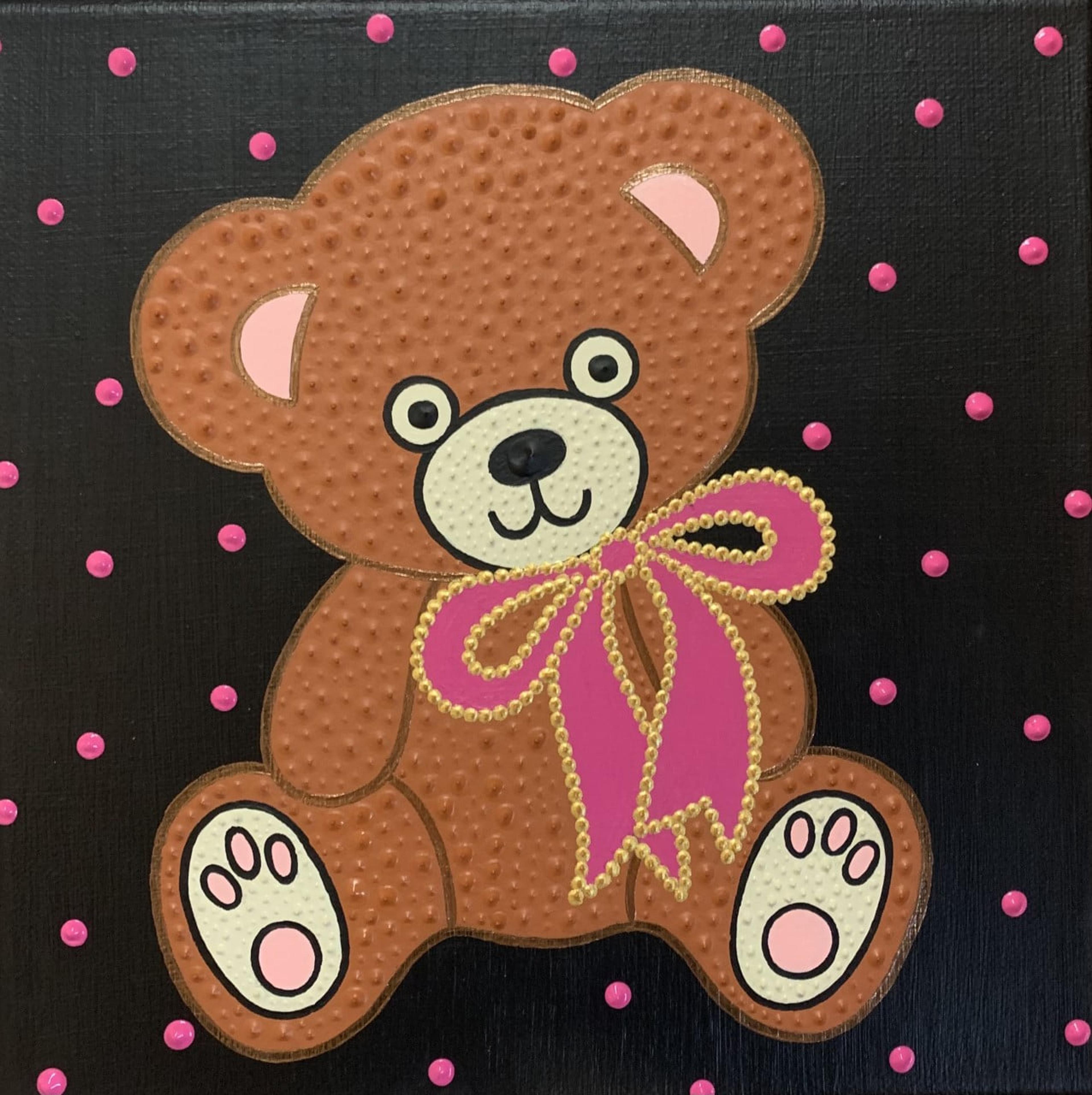 Œuvre originale "Sans titre — Toile #393" de Caroline Pons. Peinture d'un ours en peluche marron texturé au pointillisme, ruban rose/doré, sur fond noir parsemé de points roses.