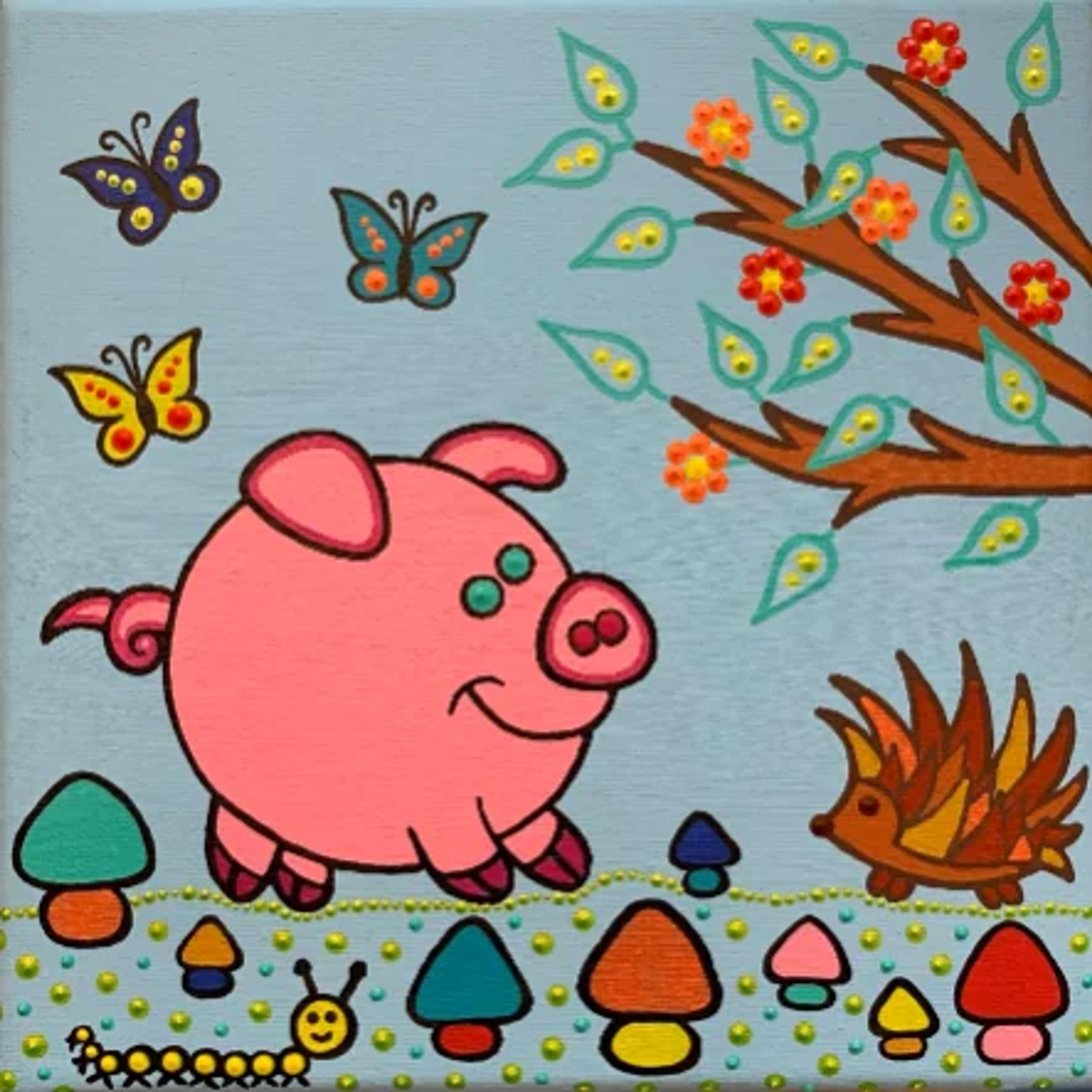 « Cochon » de Caroline Pons, une toile acrylique joyeuse. Cochon rose souriant, papillons colorés et hérisson sur fond bleu ciel, avec détails en points, une œuvre d'art aborigène contemporain.