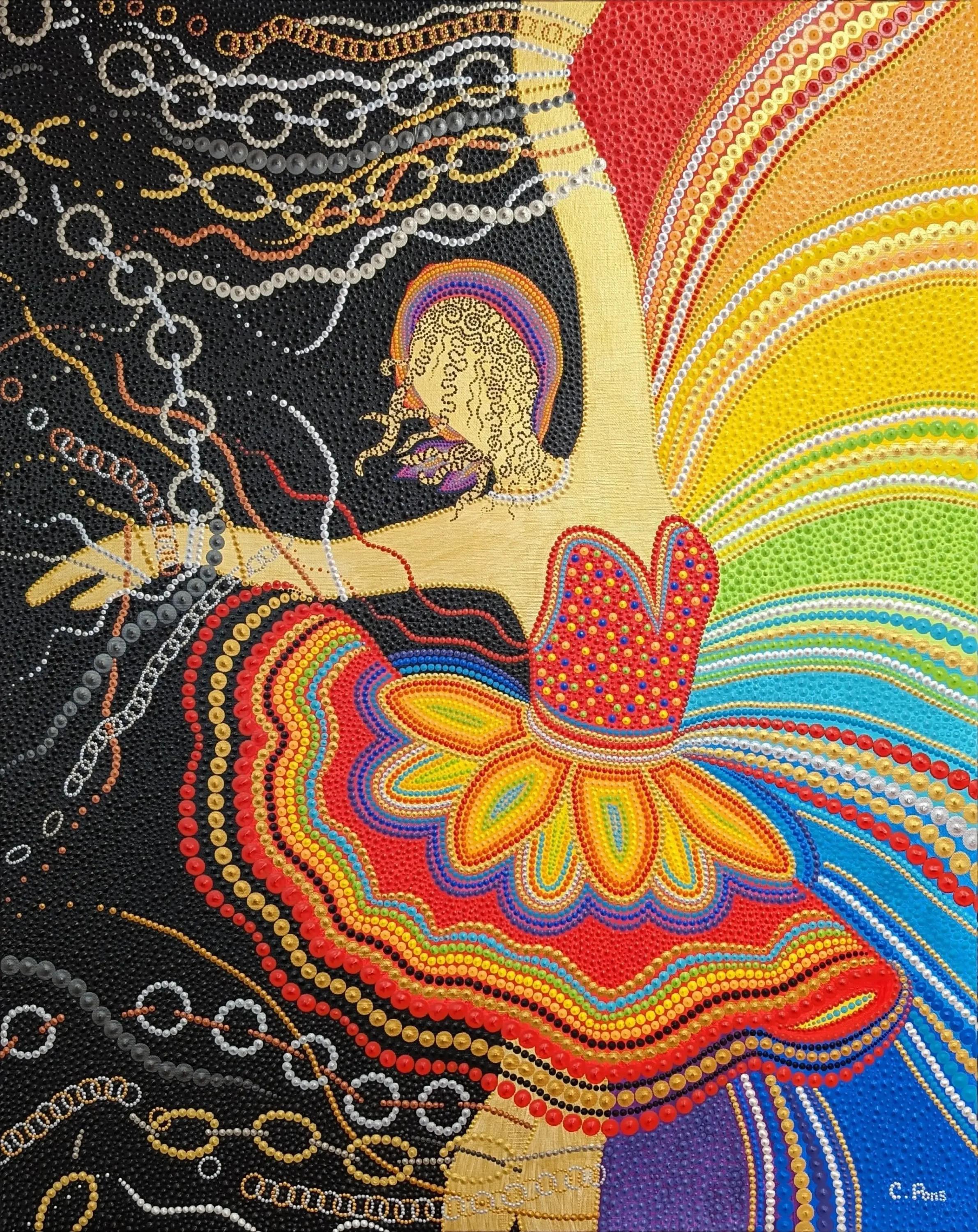 Libération, tableau abstrait contemporain de Caroline Pons, représente une danseuse dorée en points vibrants sur fond noir avec des chaînes et un arc-en-ciel joyeux.